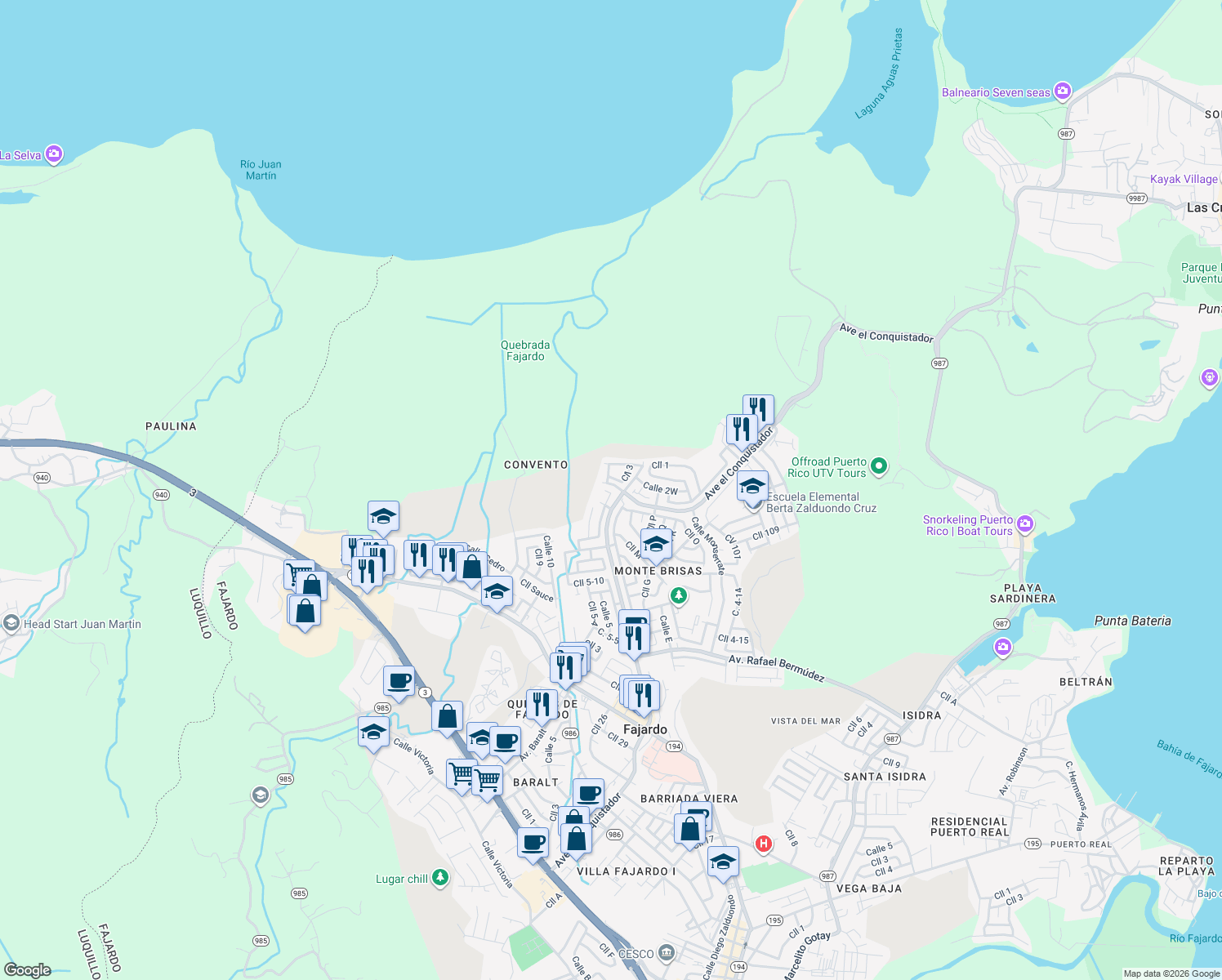 map of restaurants, bars, coffee shops, grocery stores, and more near 2-14 Calle 3 in Fajardo