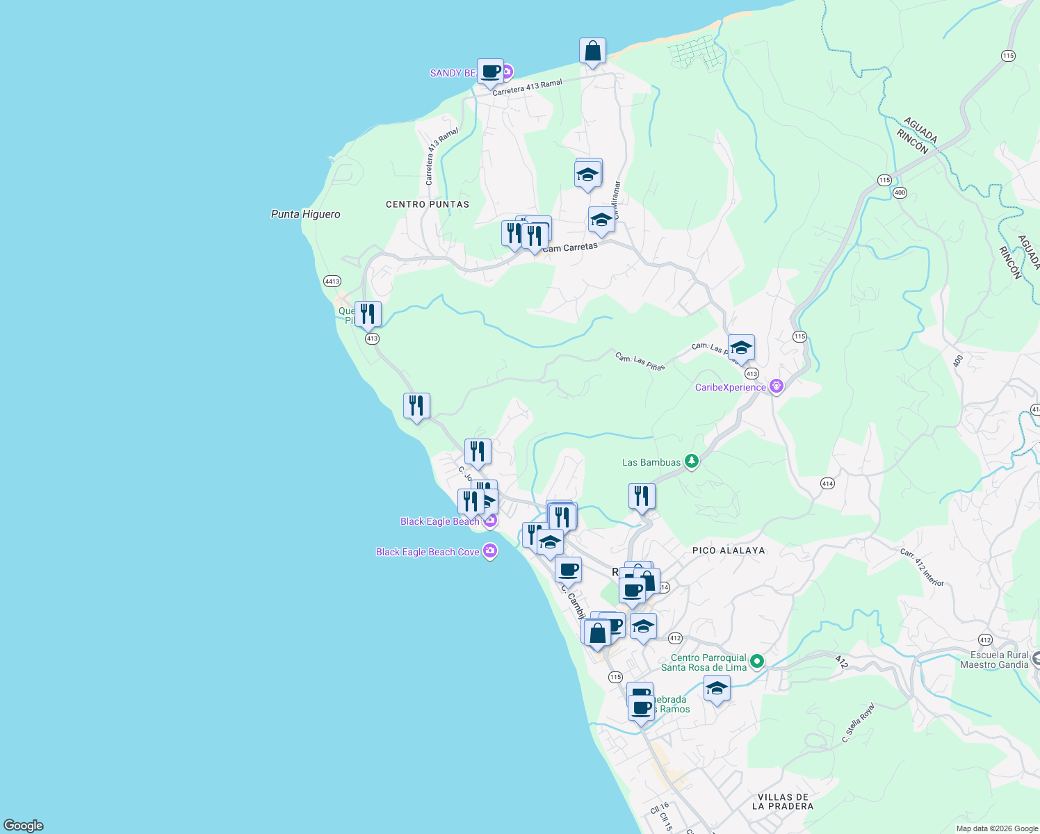 map of restaurants, bars, coffee shops, grocery stores, and more near Puerto Rico 413 in Aguada