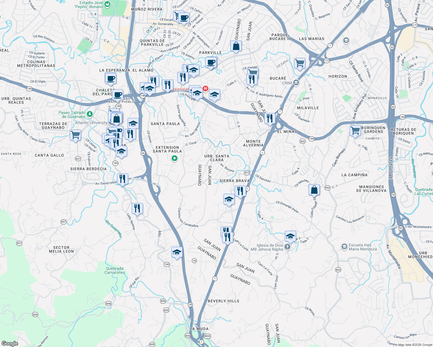 map of restaurants, bars, coffee shops, grocery stores, and more near W17 Calle Savila in Guaynabo