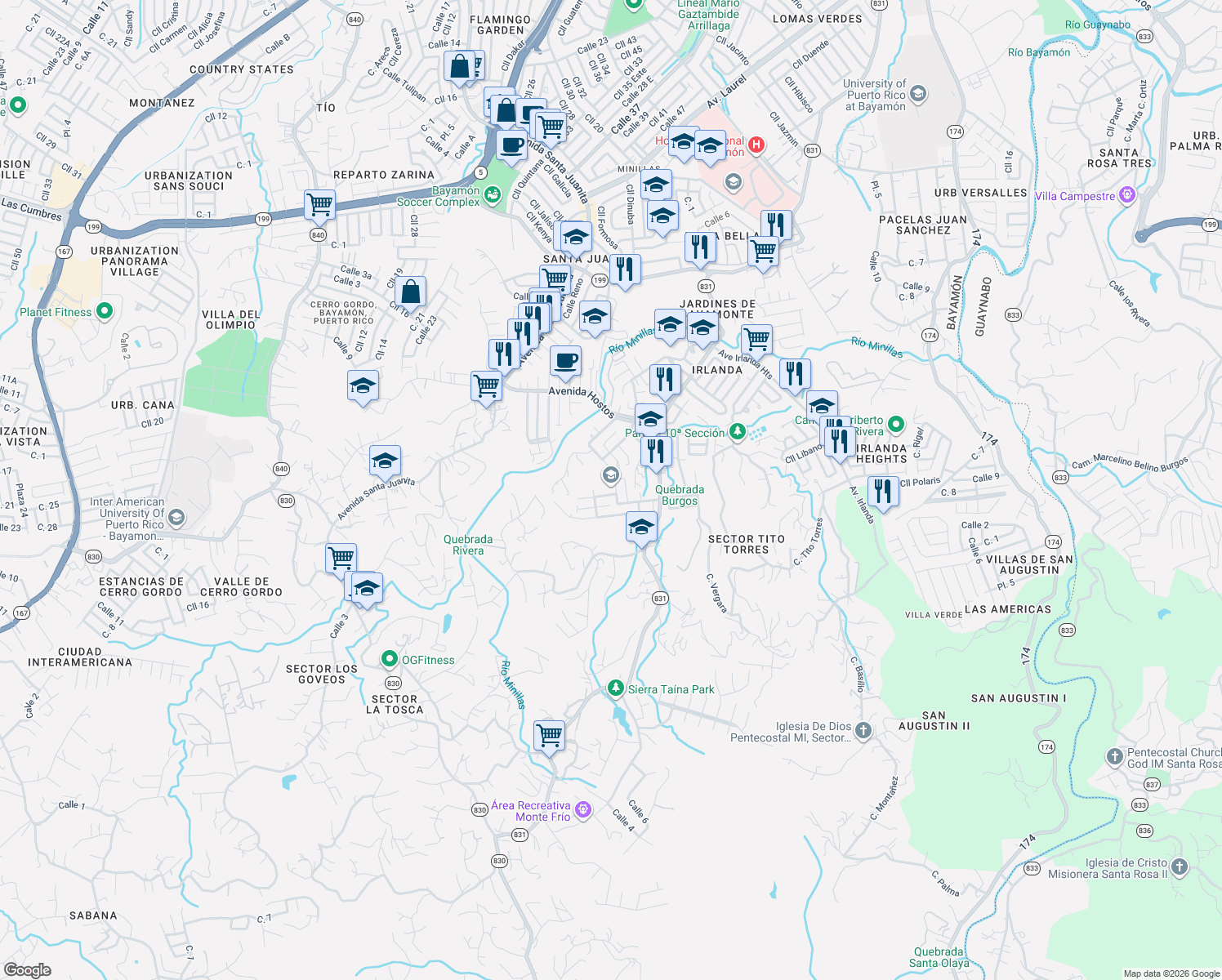 map of restaurants, bars, coffee shops, grocery stores, and more near 2-40 Calle Almendro in Bayamón