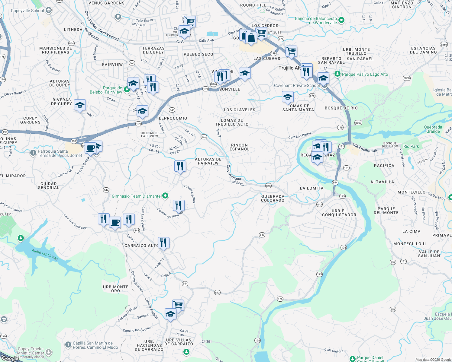 map of restaurants, bars, coffee shops, grocery stores, and more near Calle Riachuelo in Trujillo Alto