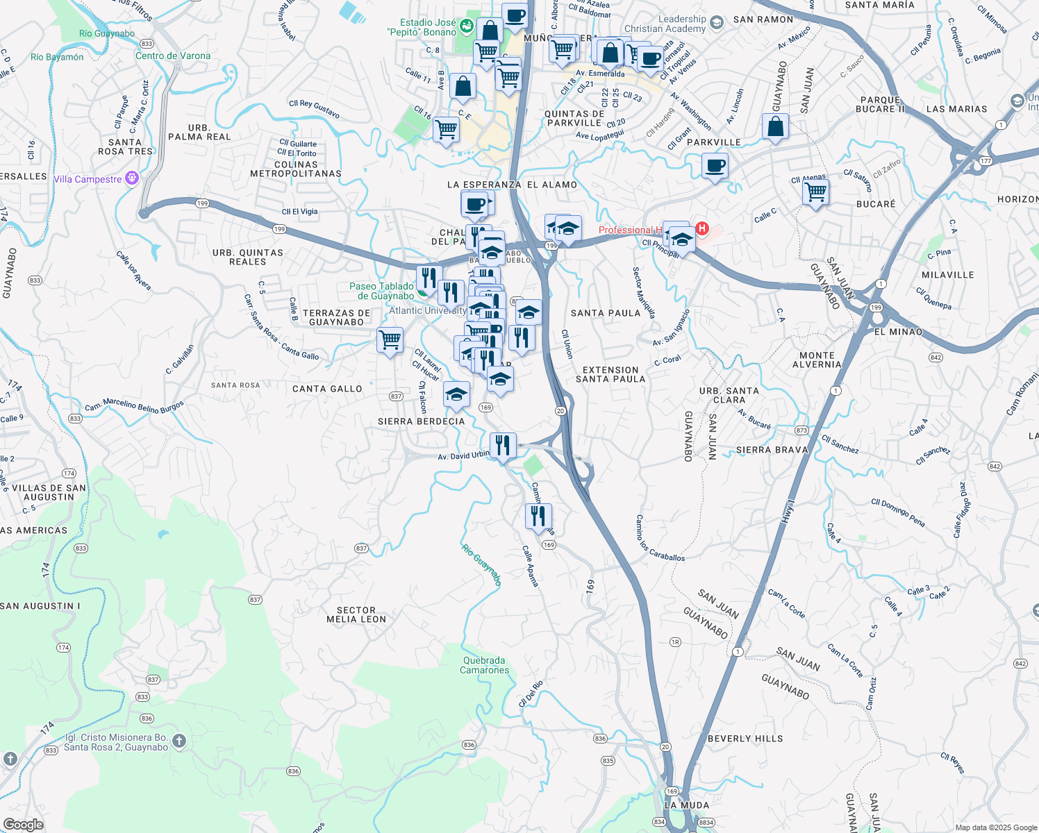 map of restaurants, bars, coffee shops, grocery stores, and more near Escuela Vocacional in Guaynabo