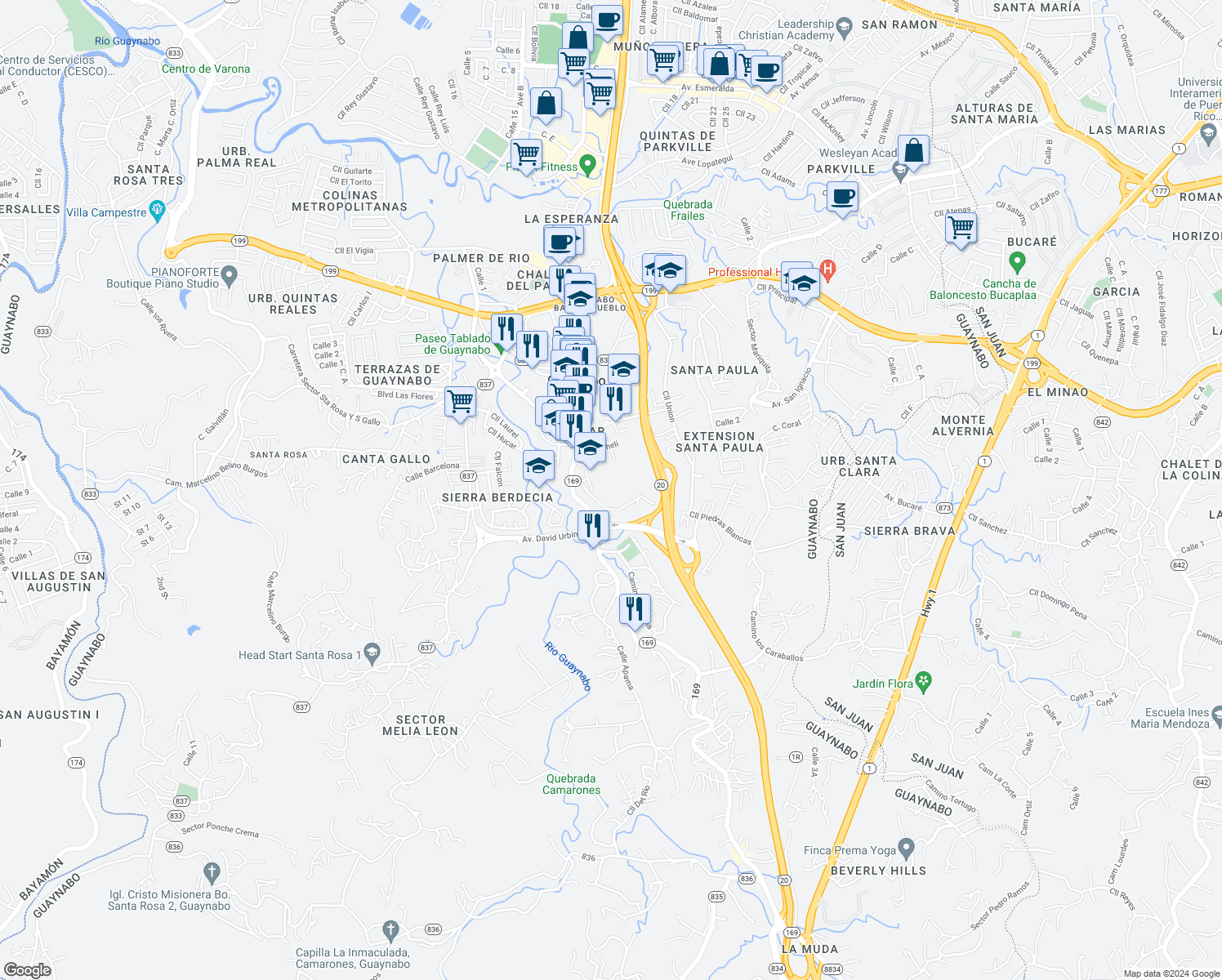 map of restaurants, bars, coffee shops, grocery stores, and more near Escuela Vocacional in Guaynabo