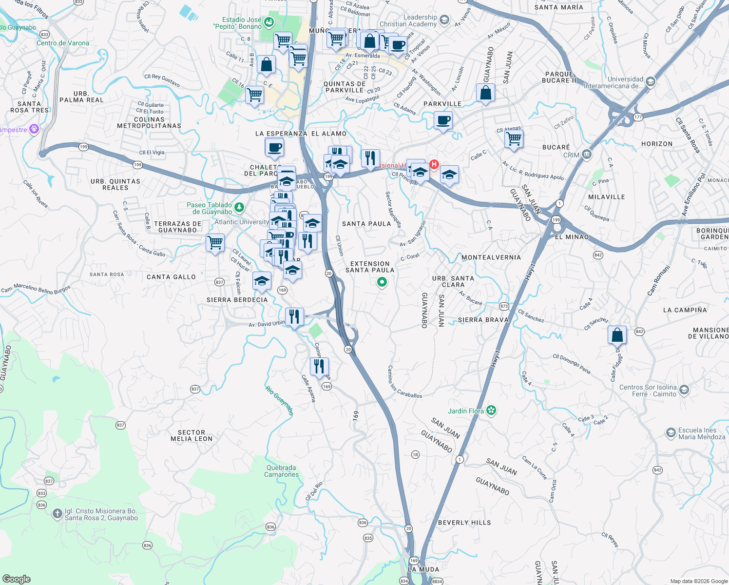 map of restaurants, bars, coffee shops, grocery stores, and more near Calle Pomarrosa in Guaynabo