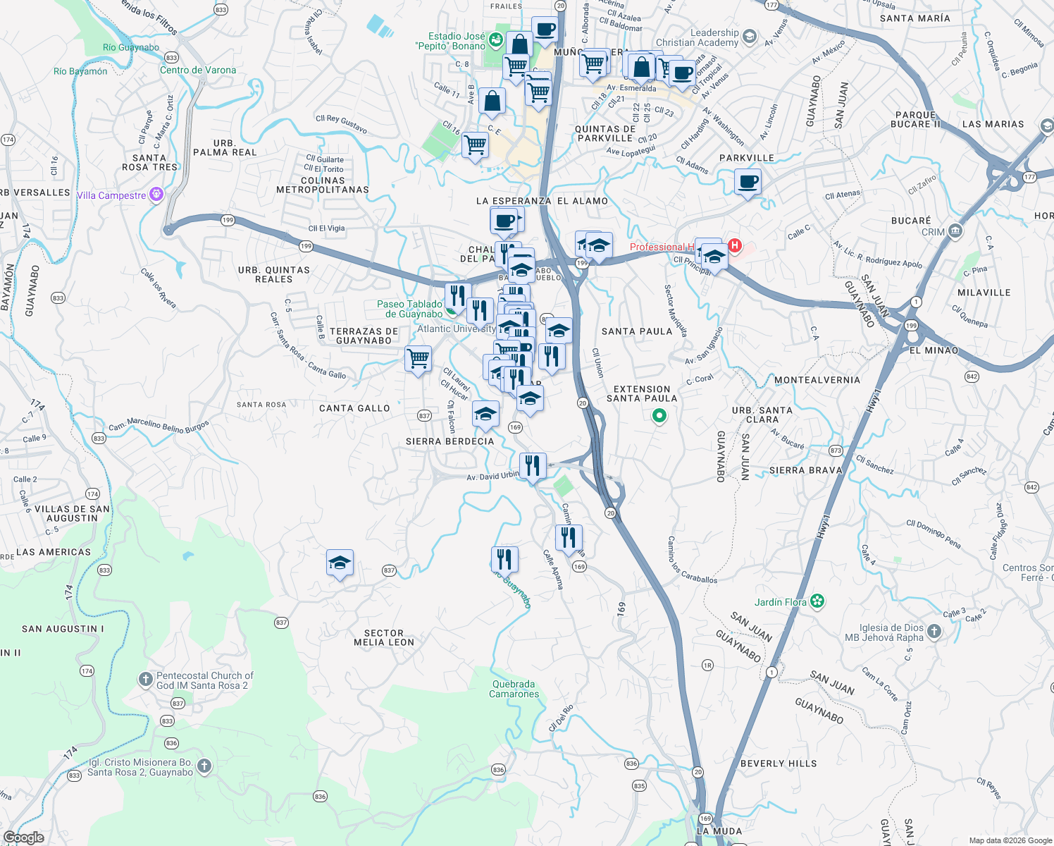 map of restaurants, bars, coffee shops, grocery stores, and more near Cll Piedras Blancas in Guaynabo