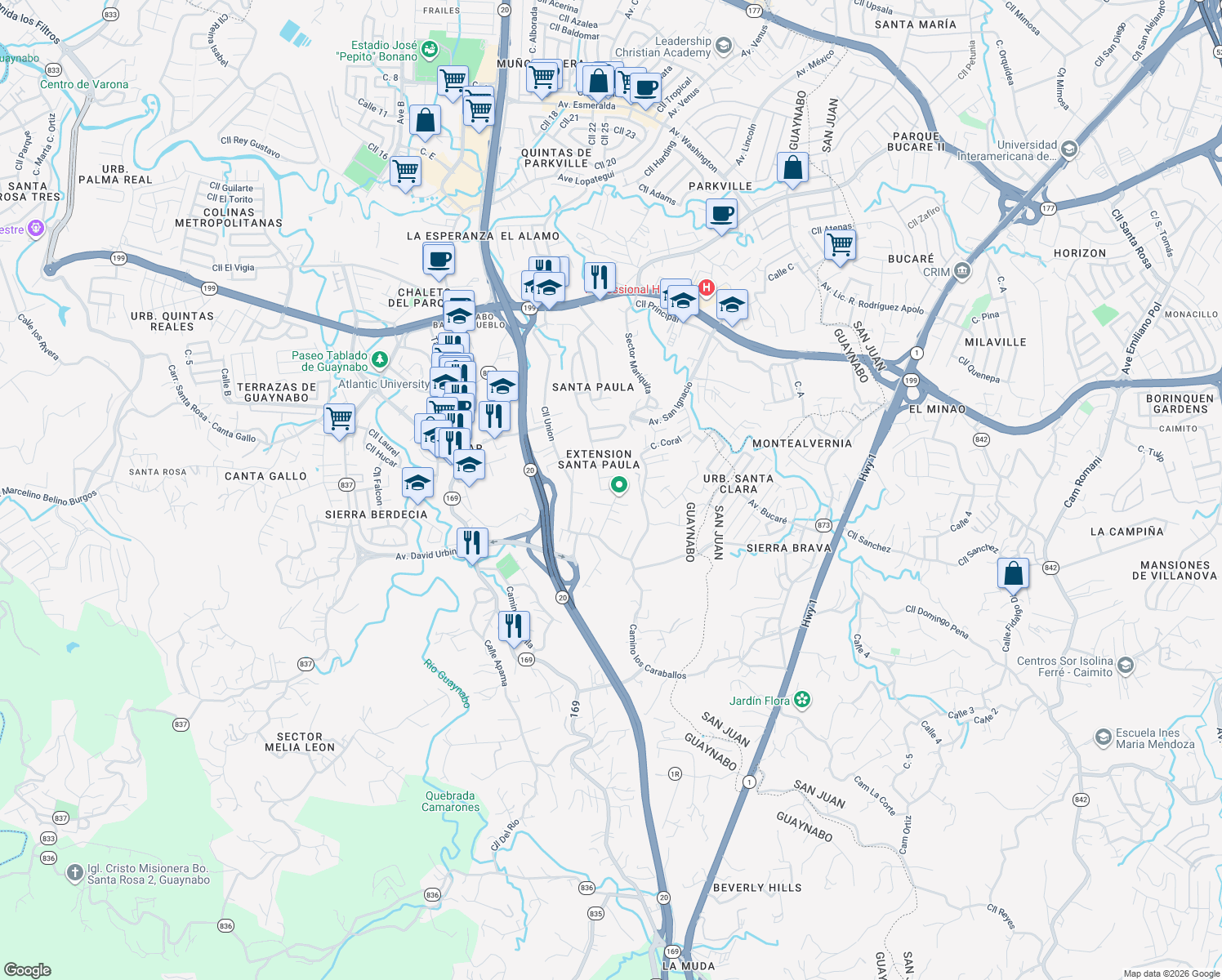 map of restaurants, bars, coffee shops, grocery stores, and more near Calle Pomarrosa in Guaynabo