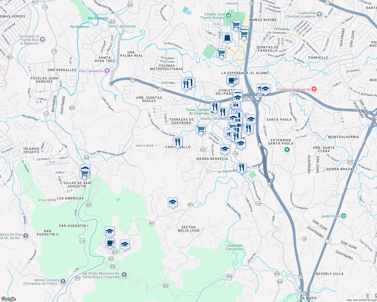 map of restaurants, bars, coffee shops, grocery stores, and more near in Guaynabo