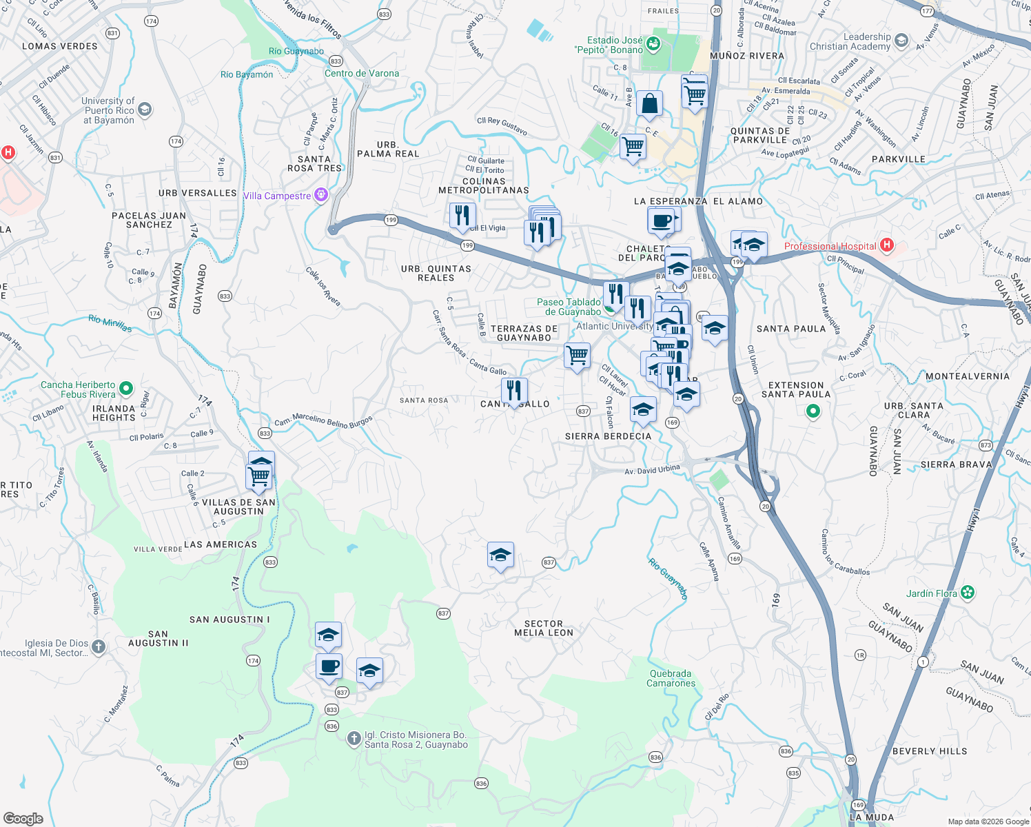 map of restaurants, bars, coffee shops, grocery stores, and more near Camino Marcelino Belino Burgos in Guaynabo