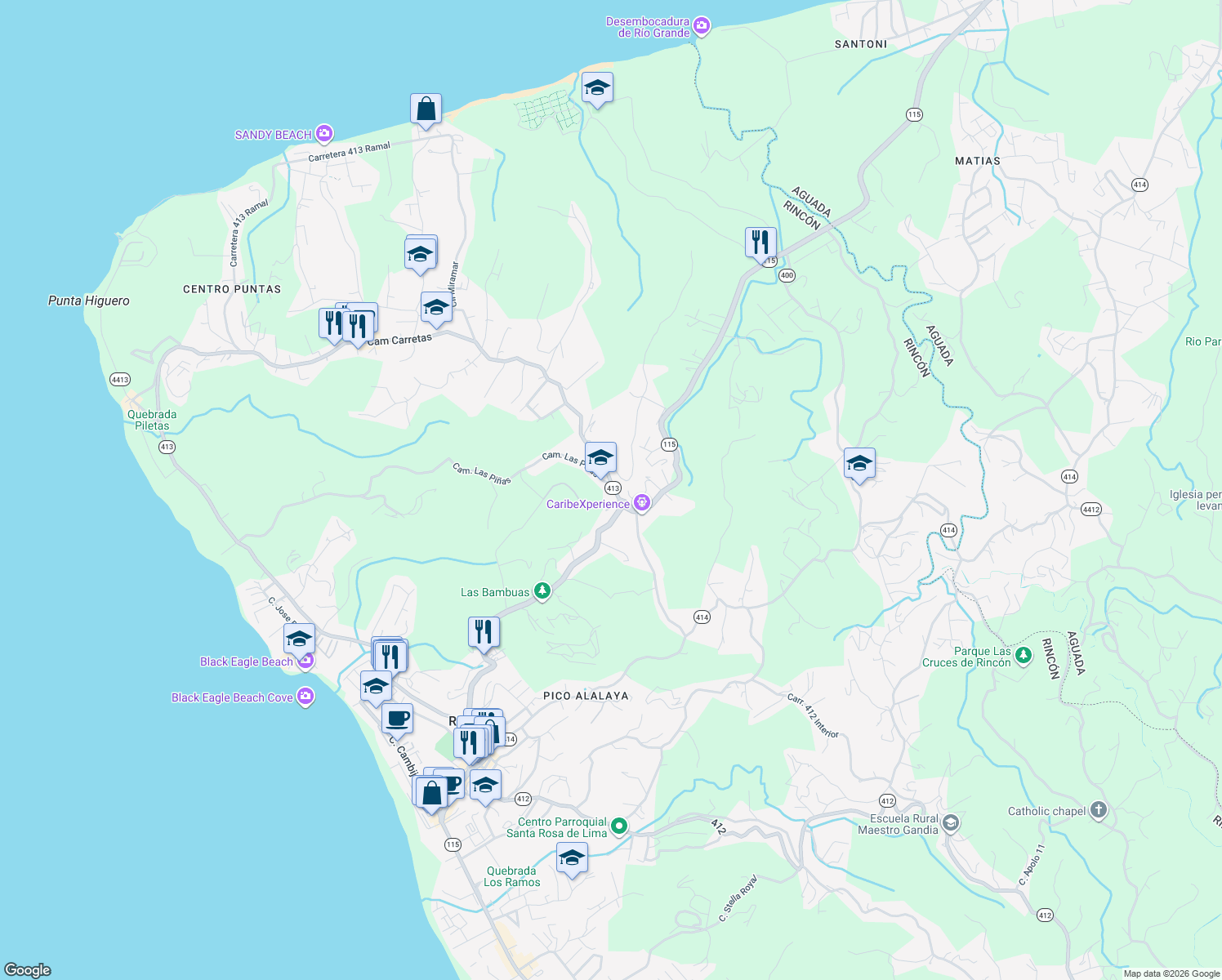 map of restaurants, bars, coffee shops, grocery stores, and more near 4789 Camino Carretas in Aguada