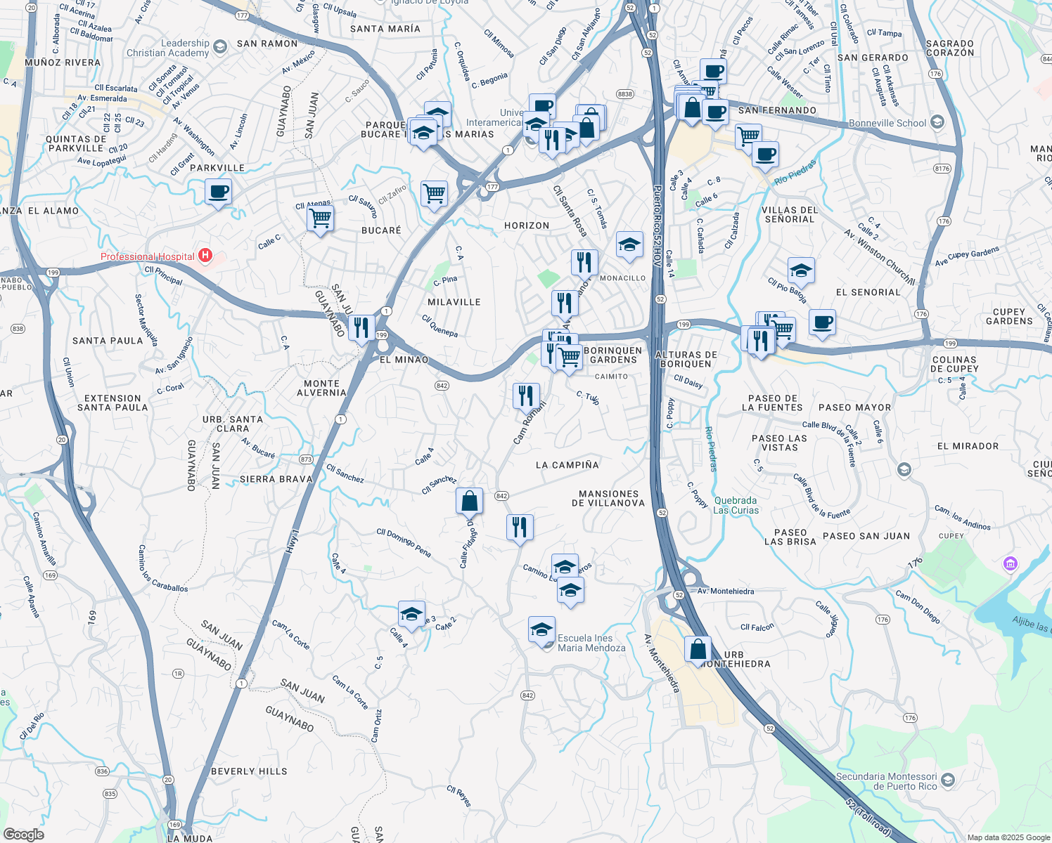 map of restaurants, bars, coffee shops, grocery stores, and more near Sector Emiliano Pol in San Juan