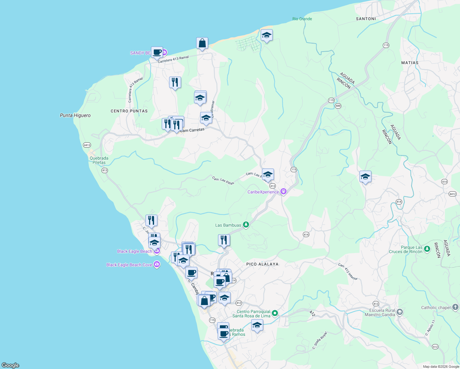 map of restaurants, bars, coffee shops, grocery stores, and more near Unnamed Road in Aguada