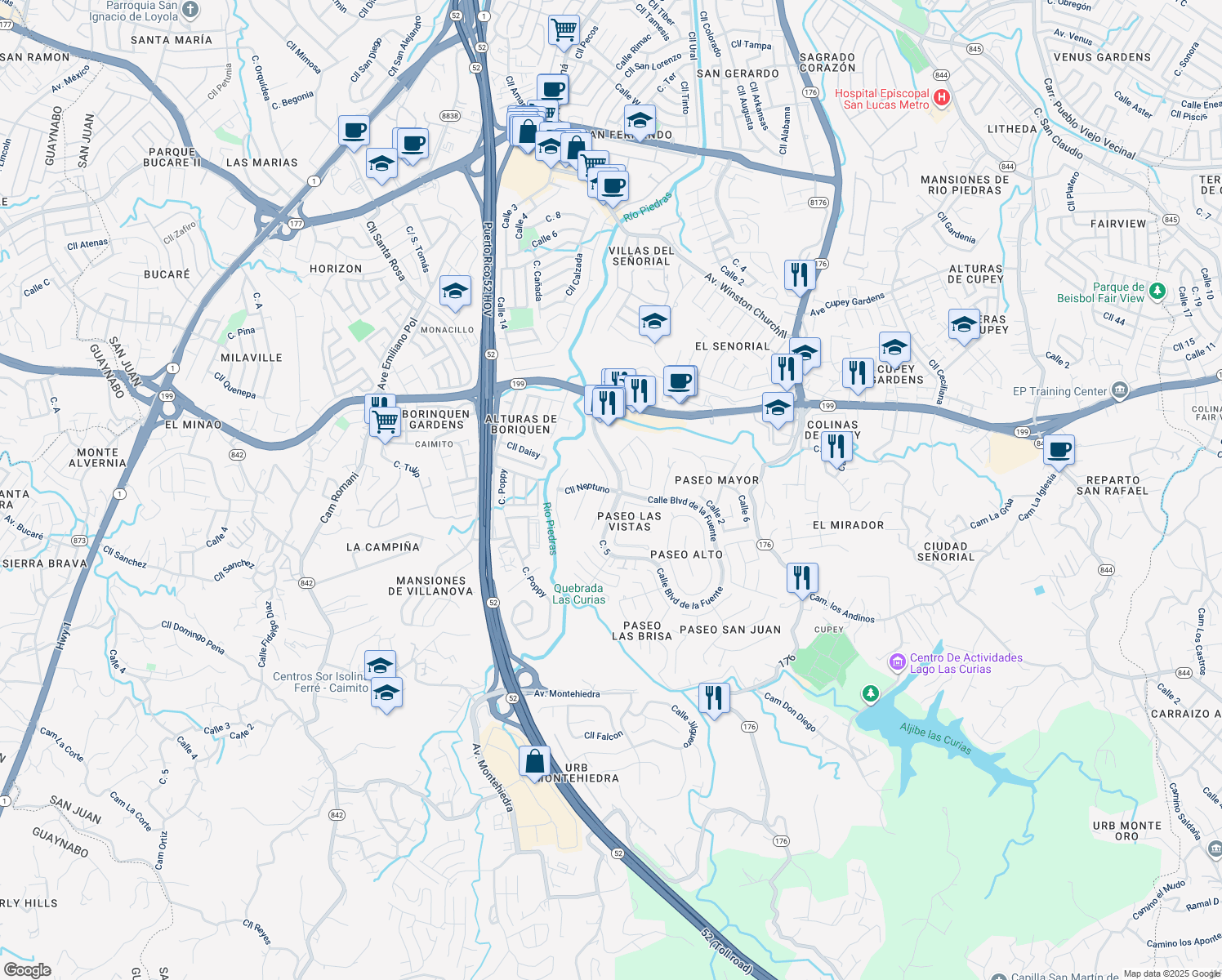 map of restaurants, bars, coffee shops, grocery stores, and more near Calle Neptuno in San Juan