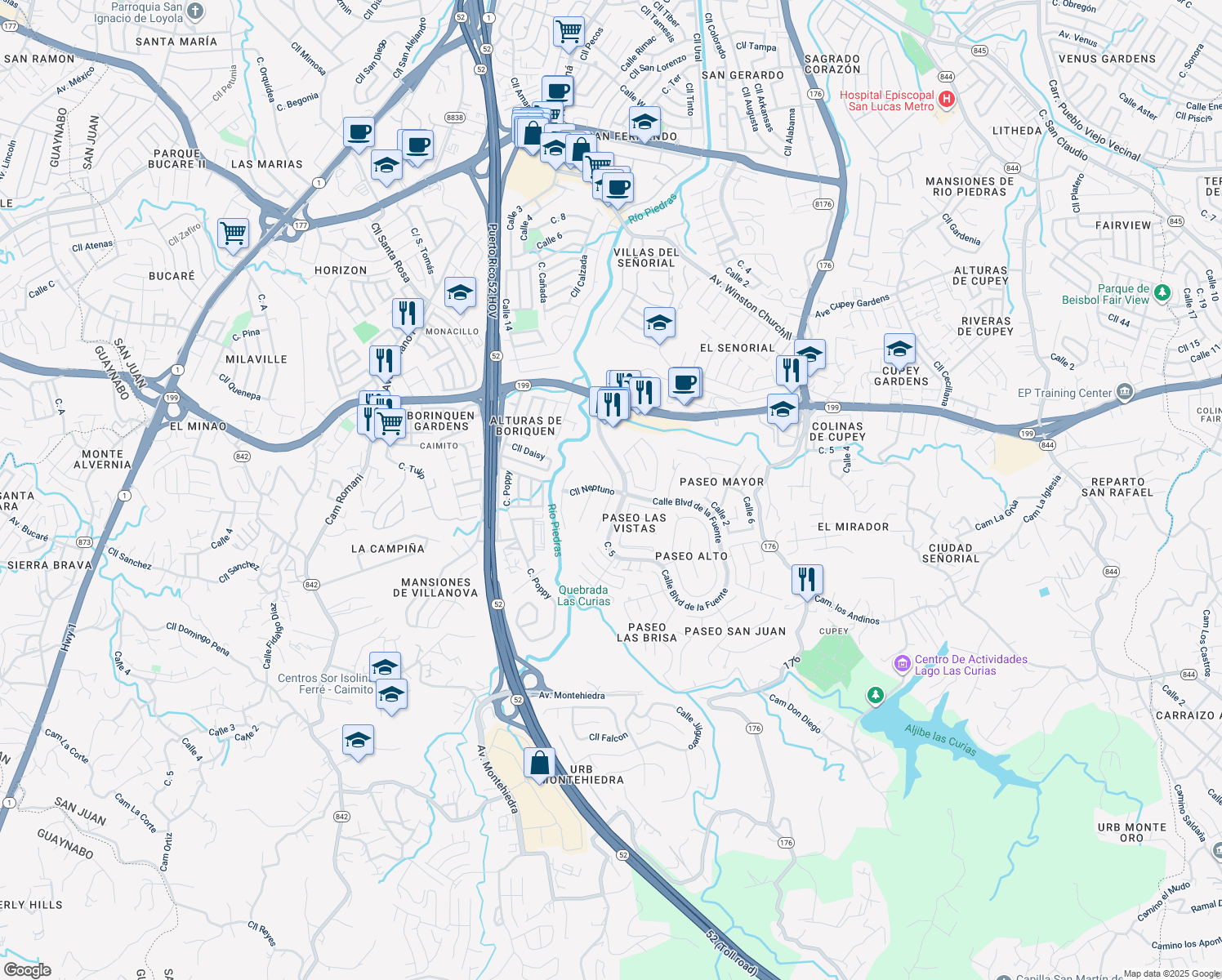 map of restaurants, bars, coffee shops, grocery stores, and more near Calle Neptuno in San Juan