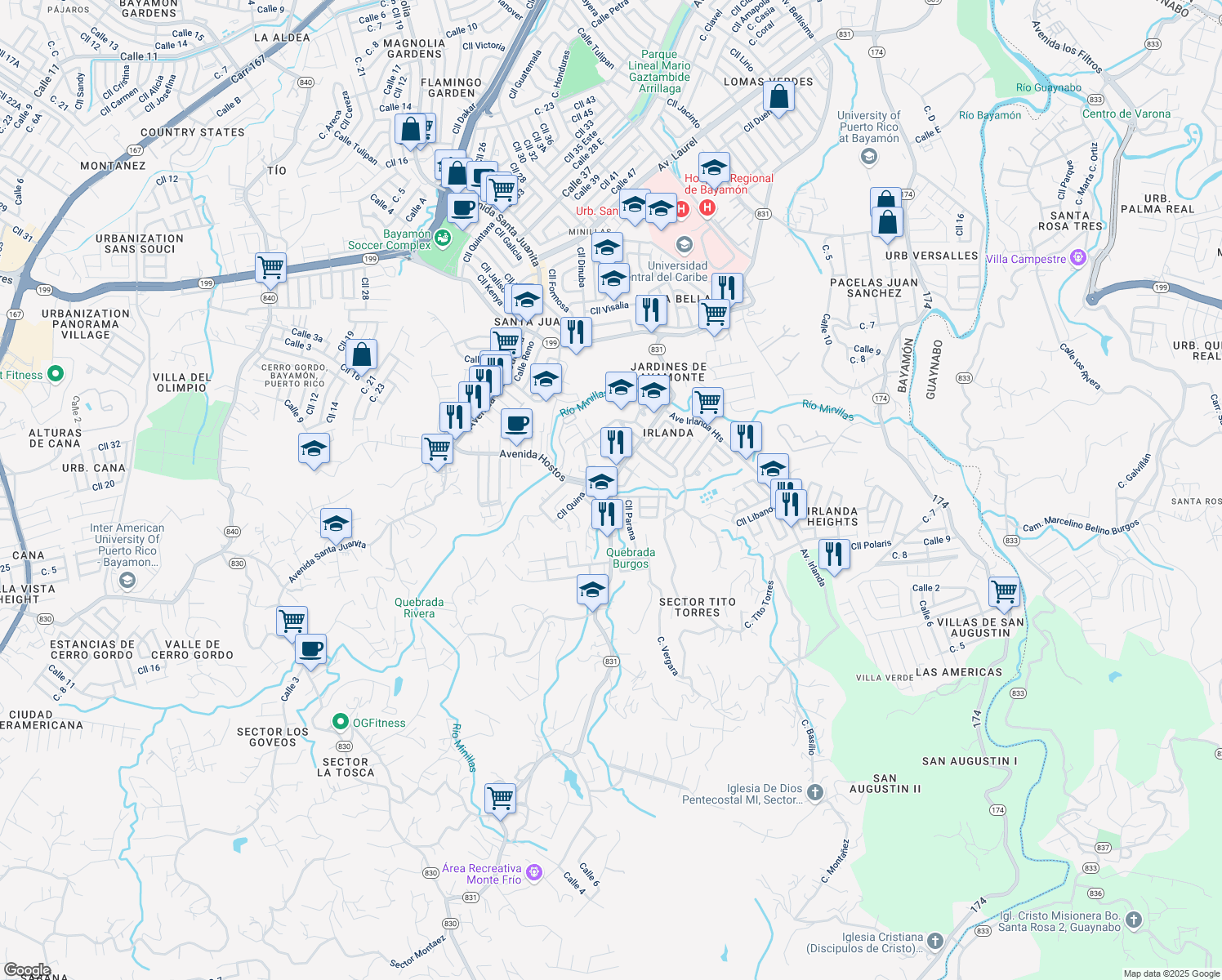 map of restaurants, bars, coffee shops, grocery stores, and more near in Bayamón