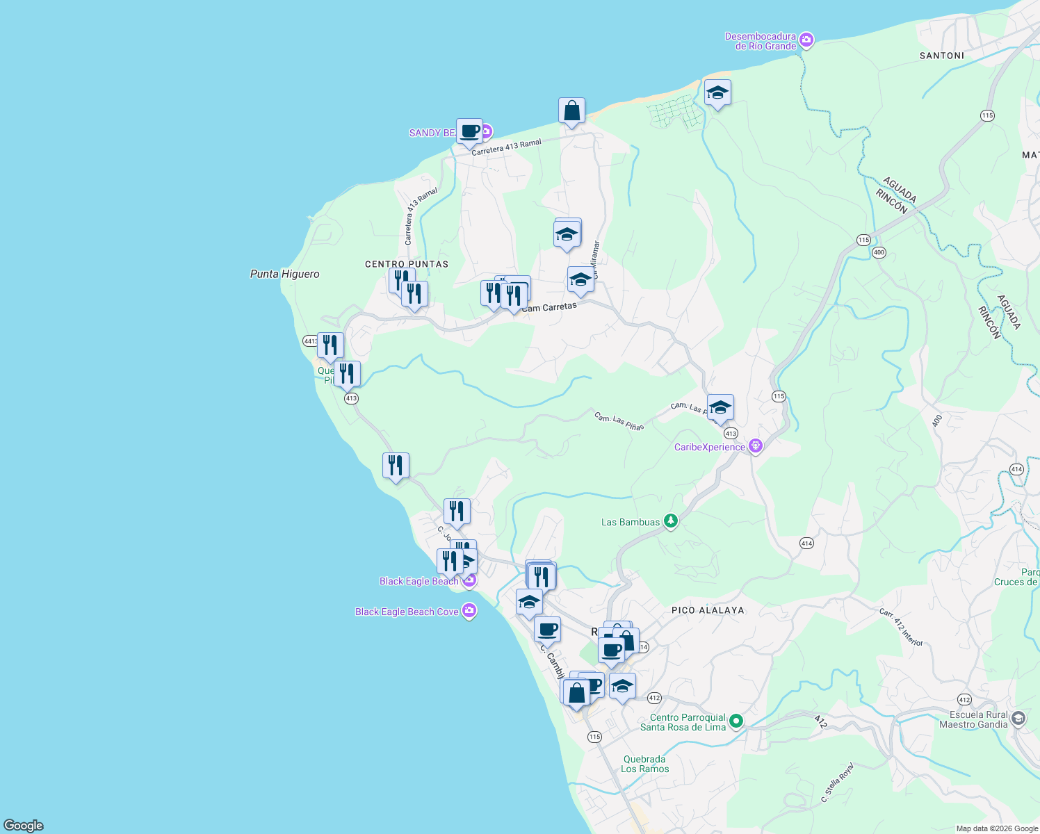 map of restaurants, bars, coffee shops, grocery stores, and more near Unnamed Road in Aguada