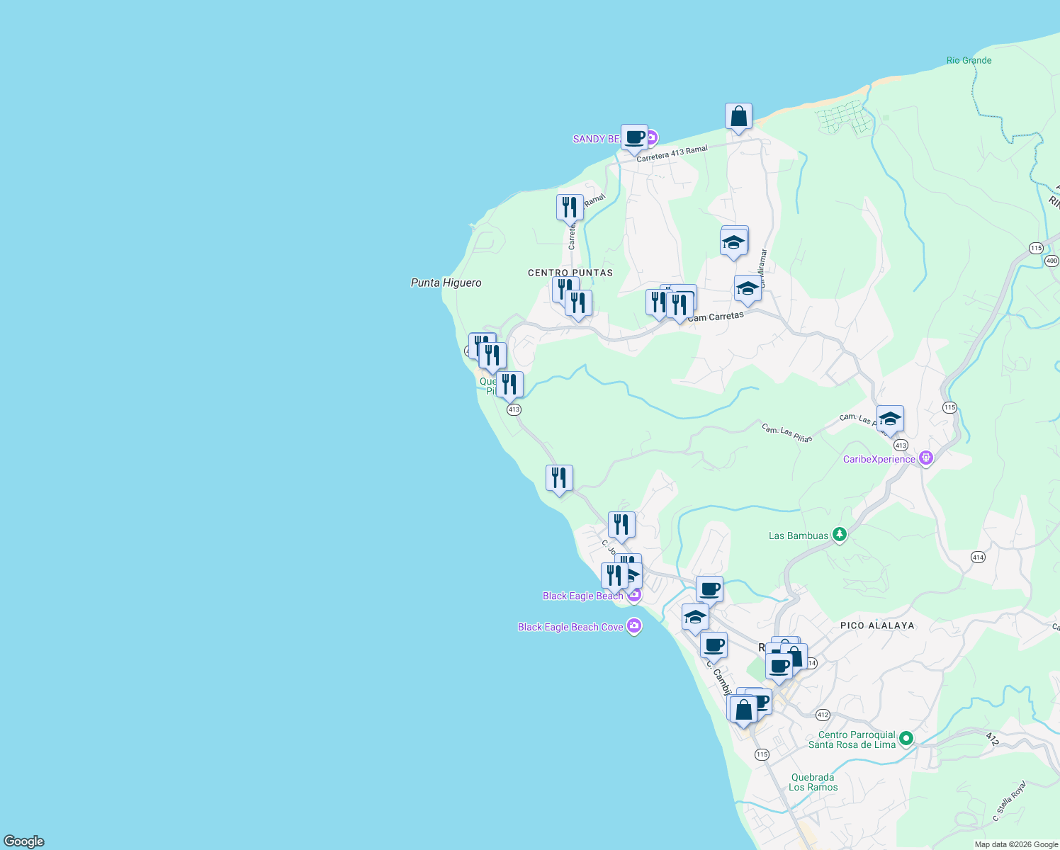 map of restaurants, bars, coffee shops, grocery stores, and more near Puerto Rico 413 in Aguada