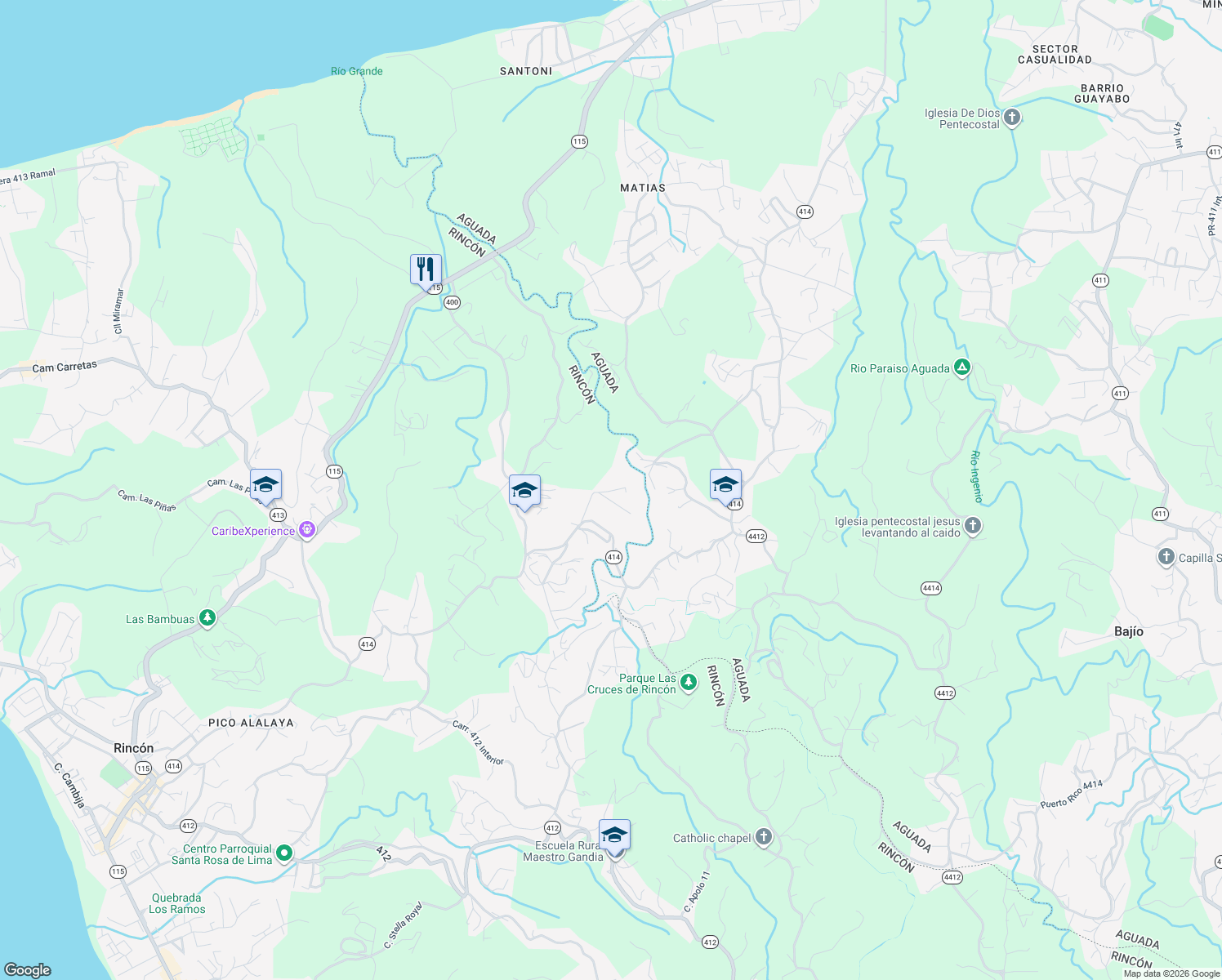 map of restaurants, bars, coffee shops, grocery stores, and more near Camino Mortero in Aguada