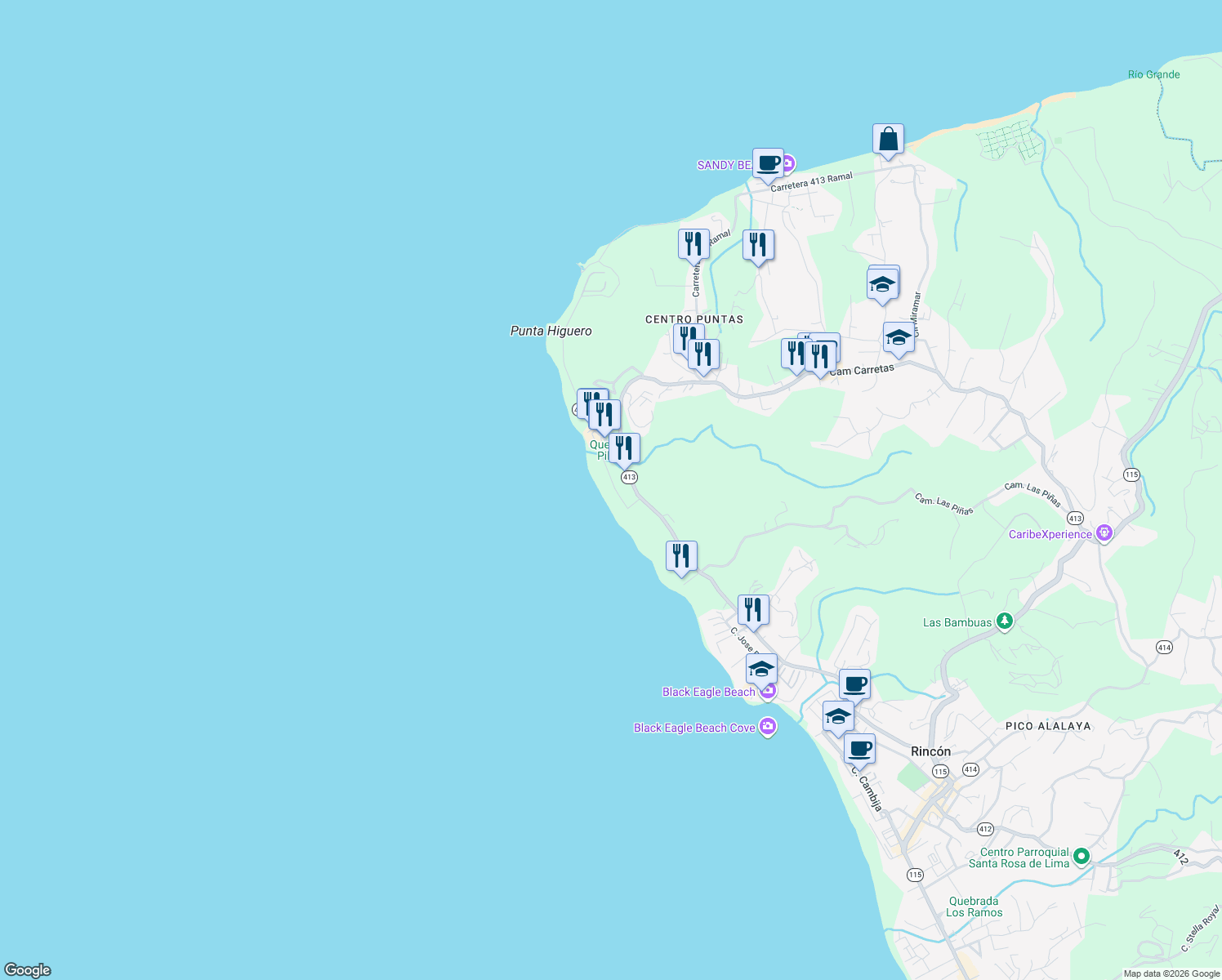 map of restaurants, bars, coffee shops, grocery stores, and more near Highway 413 in Aguada