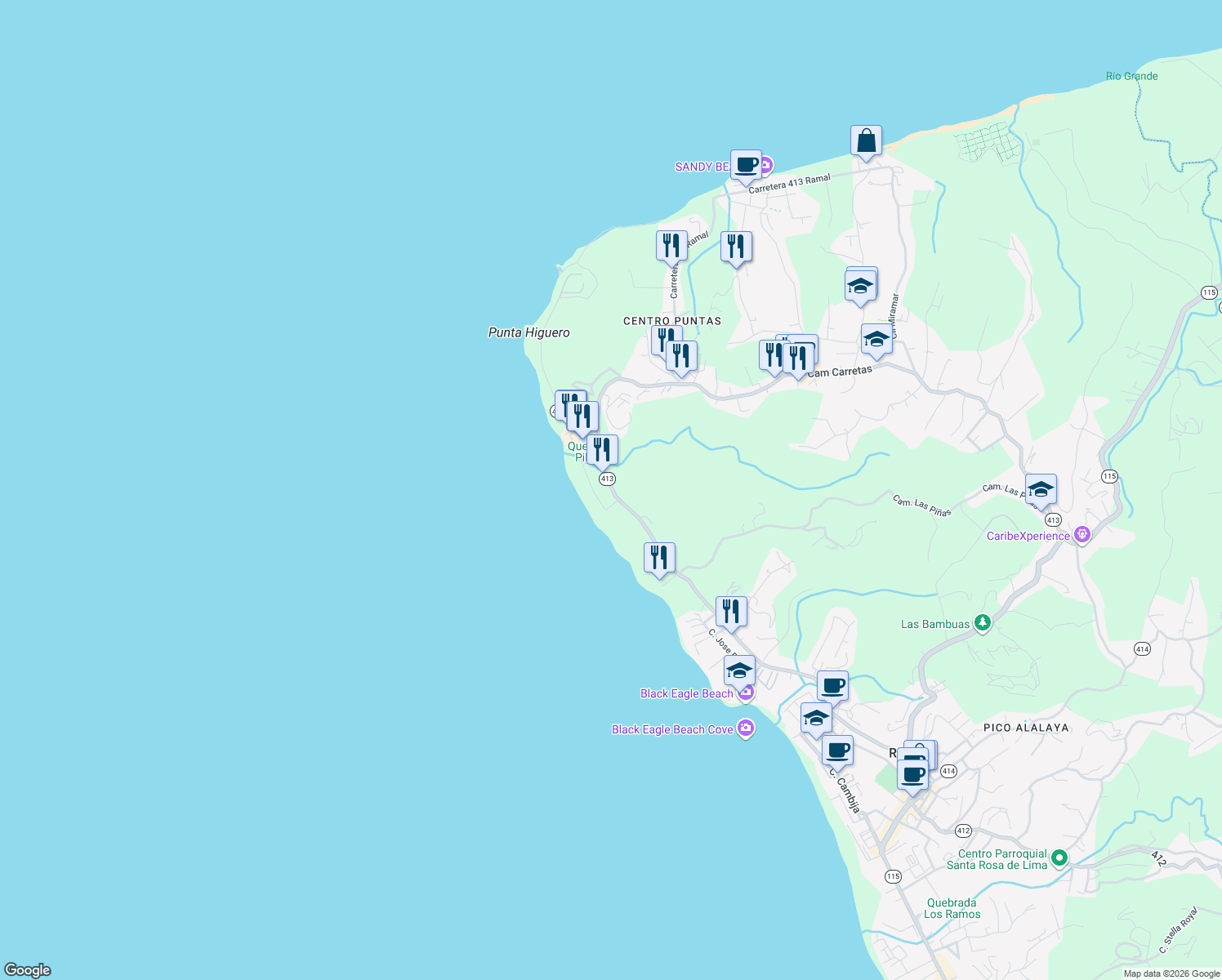 map of restaurants, bars, coffee shops, grocery stores, and more near Puerto Rico 413 in Rincón