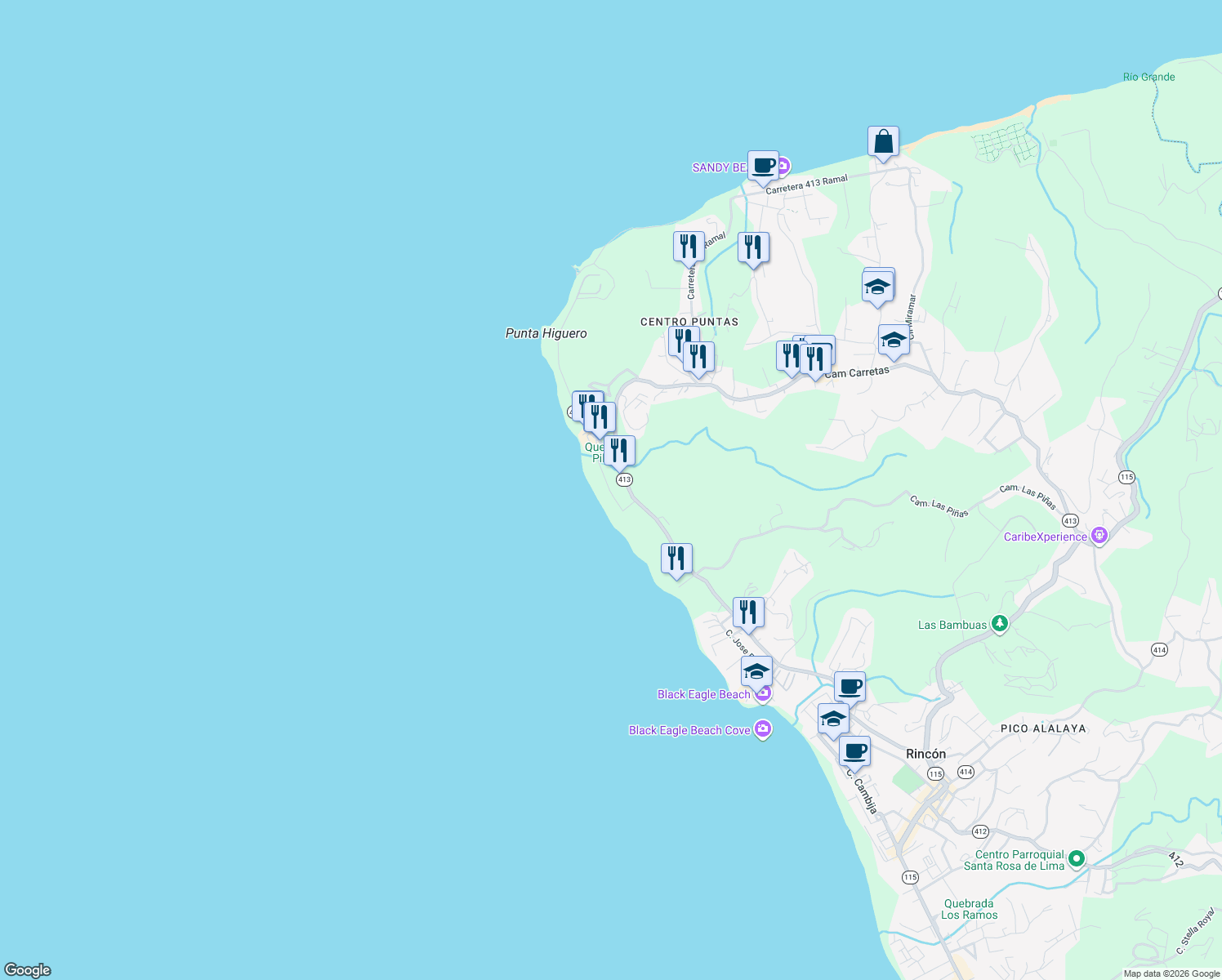 map of restaurants, bars, coffee shops, grocery stores, and more near Highway 413 in Aguada
