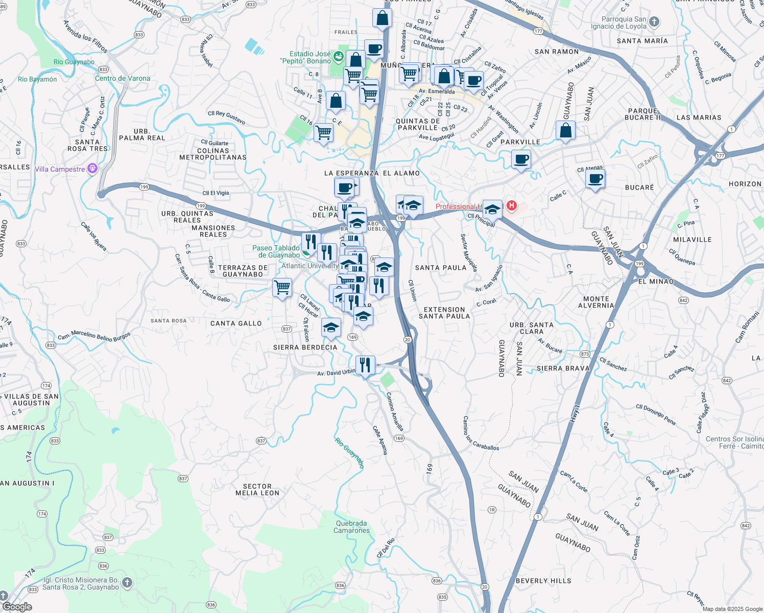 map of restaurants, bars, coffee shops, grocery stores, and more near Calle Ramon Murga Interior in Guaynabo