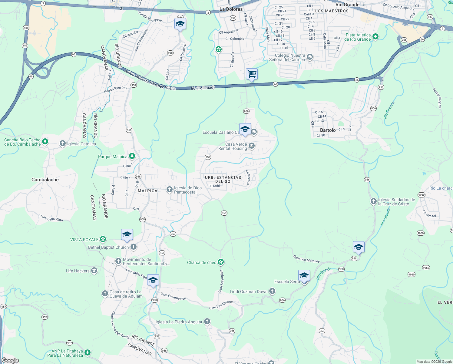 map of restaurants, bars, coffee shops, grocery stores, and more near Calle Del Sol in Ciénaga Baja