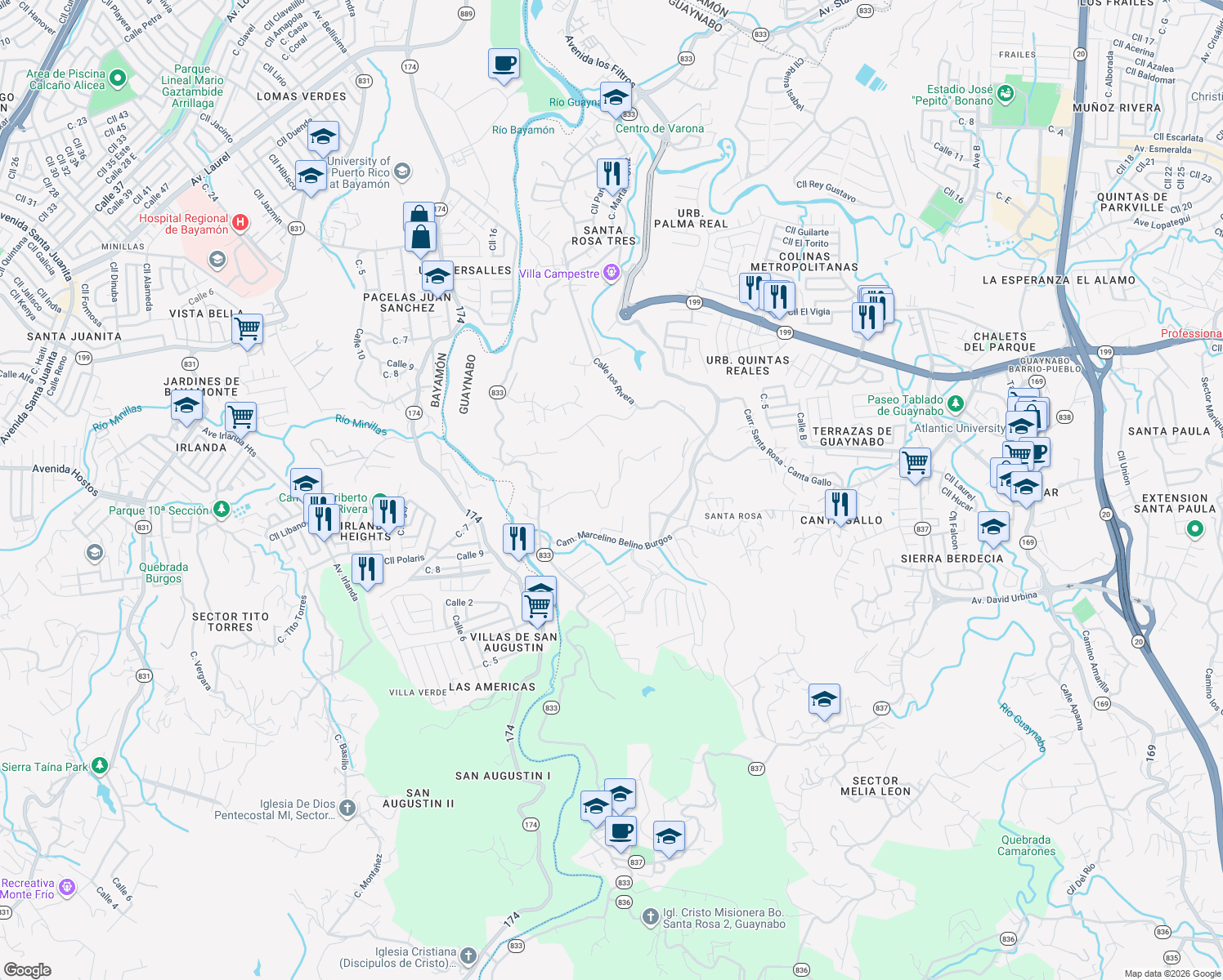 map of restaurants, bars, coffee shops, grocery stores, and more near Unnamed Road in Bayamón