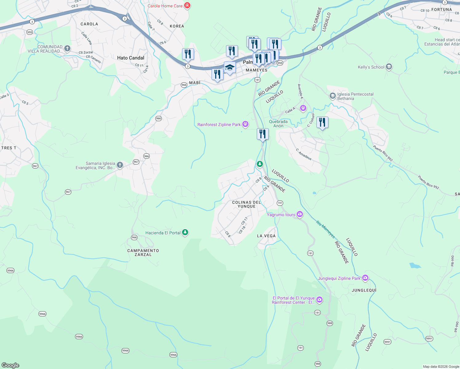 map of restaurants, bars, coffee shops, grocery stores, and more near Calle 4 in Mameyes 2