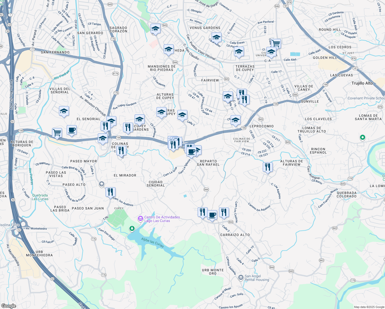 map of restaurants, bars, coffee shops, grocery stores, and more near Puerto Rico 844 in San Juan