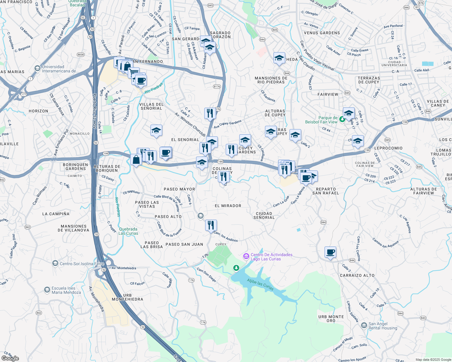 map of restaurants, bars, coffee shops, grocery stores, and more near Calle Caoba in San Juan