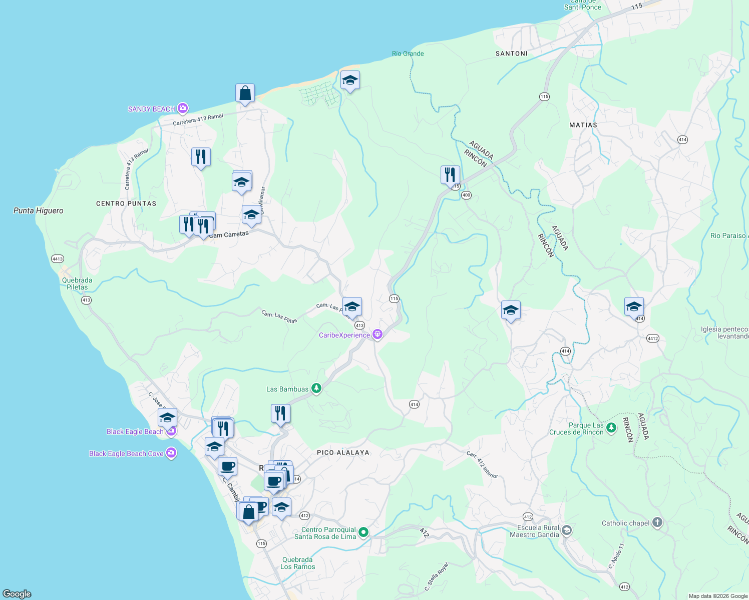 map of restaurants, bars, coffee shops, grocery stores, and more near Puerto Rico 115 in Aguada