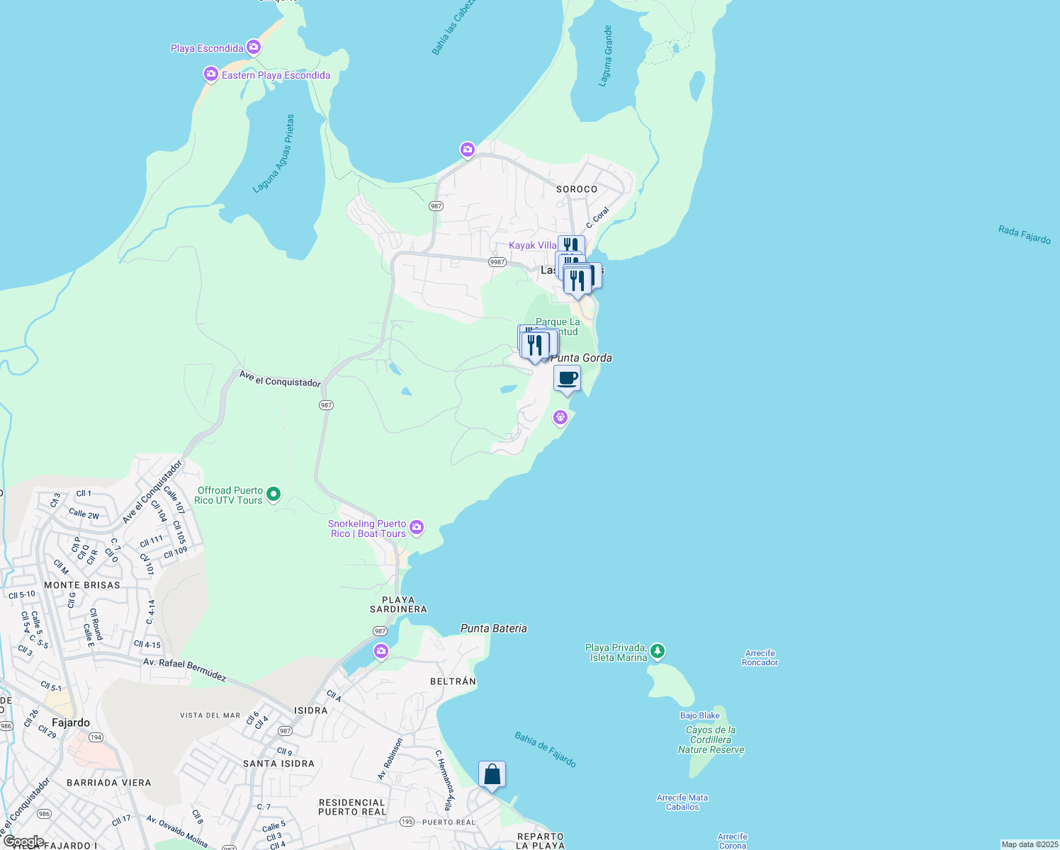 map of restaurants, bars, coffee shops, grocery stores, and more near State Rd 3 in Fajardo