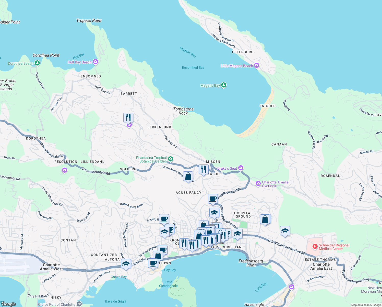 map of restaurants, bars, coffee shops, grocery stores, and more near Hull Bay Road in Northside