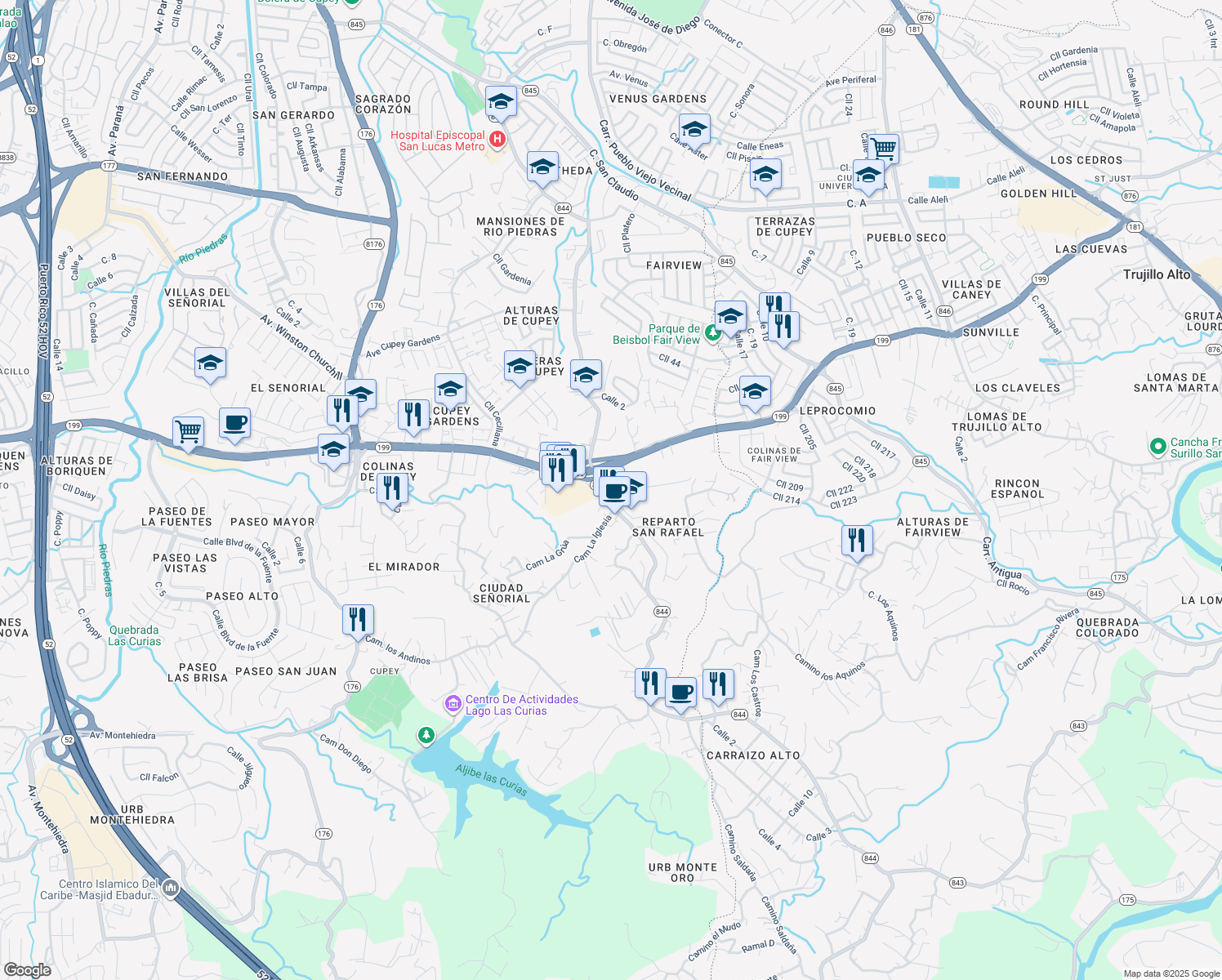map of restaurants, bars, coffee shops, grocery stores, and more near in San Juan