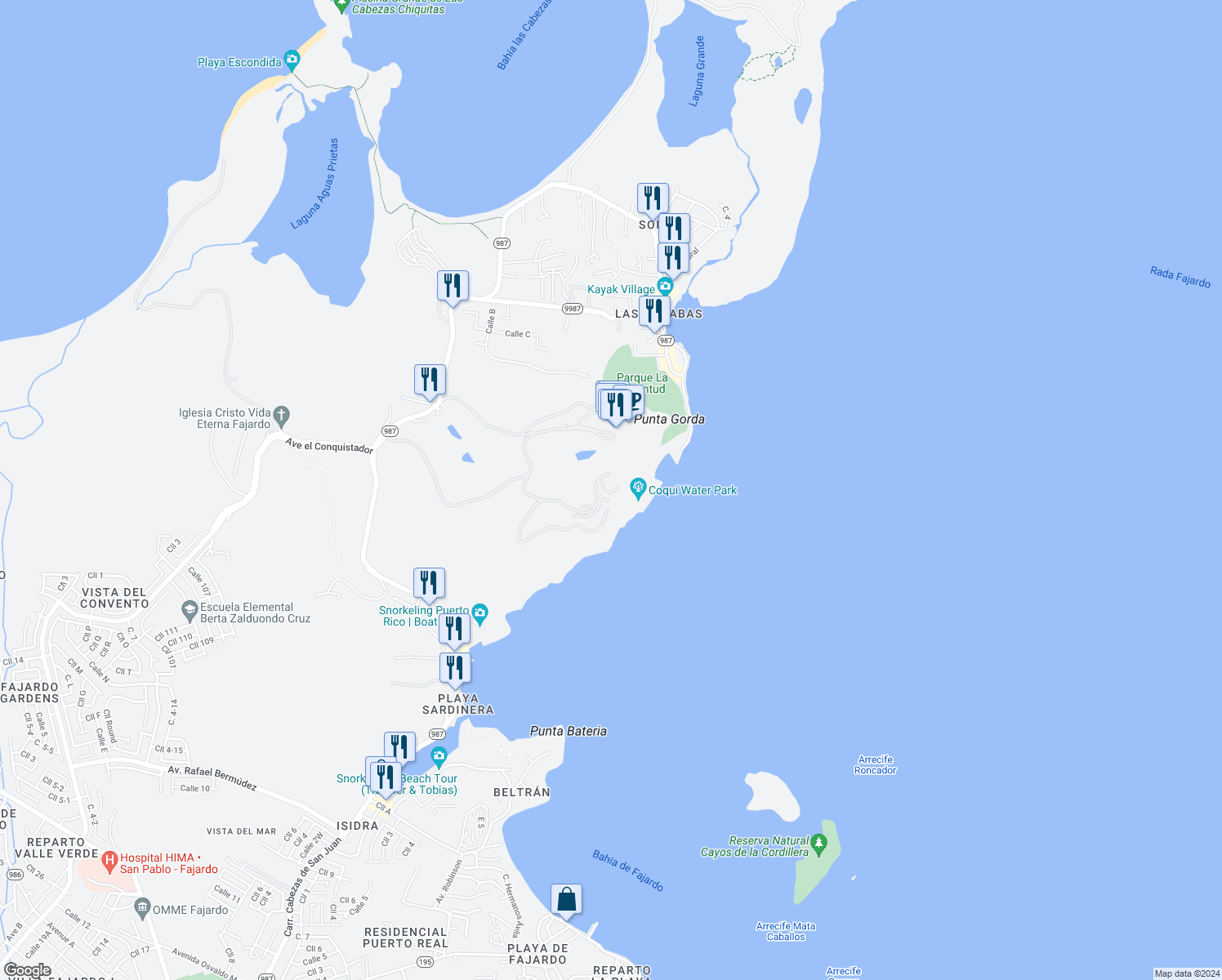 map of restaurants, bars, coffee shops, grocery stores, and more near Unnamed Road in Fajardo