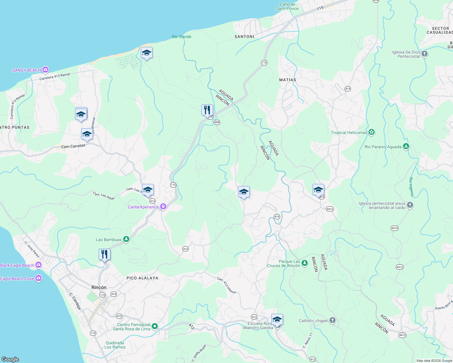 map of restaurants, bars, coffee shops, grocery stores, and more near in Rincon