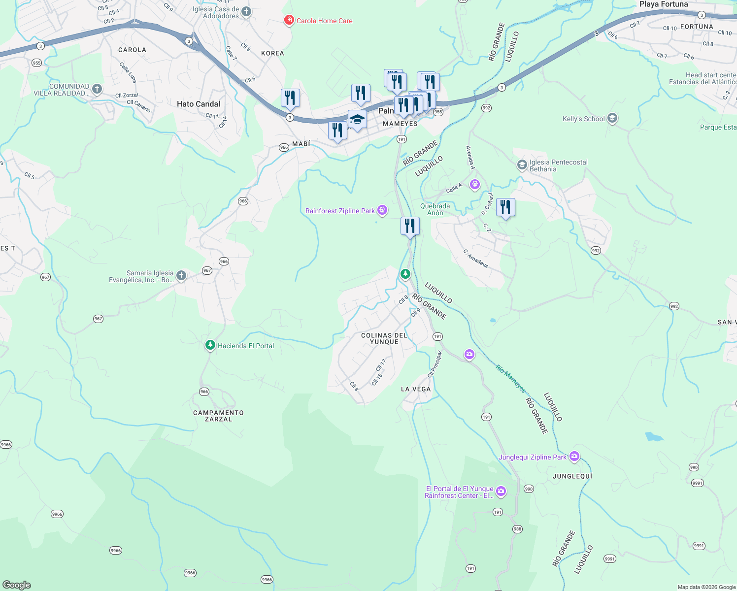 map of restaurants, bars, coffee shops, grocery stores, and more near Calle 4 in Mameyes II