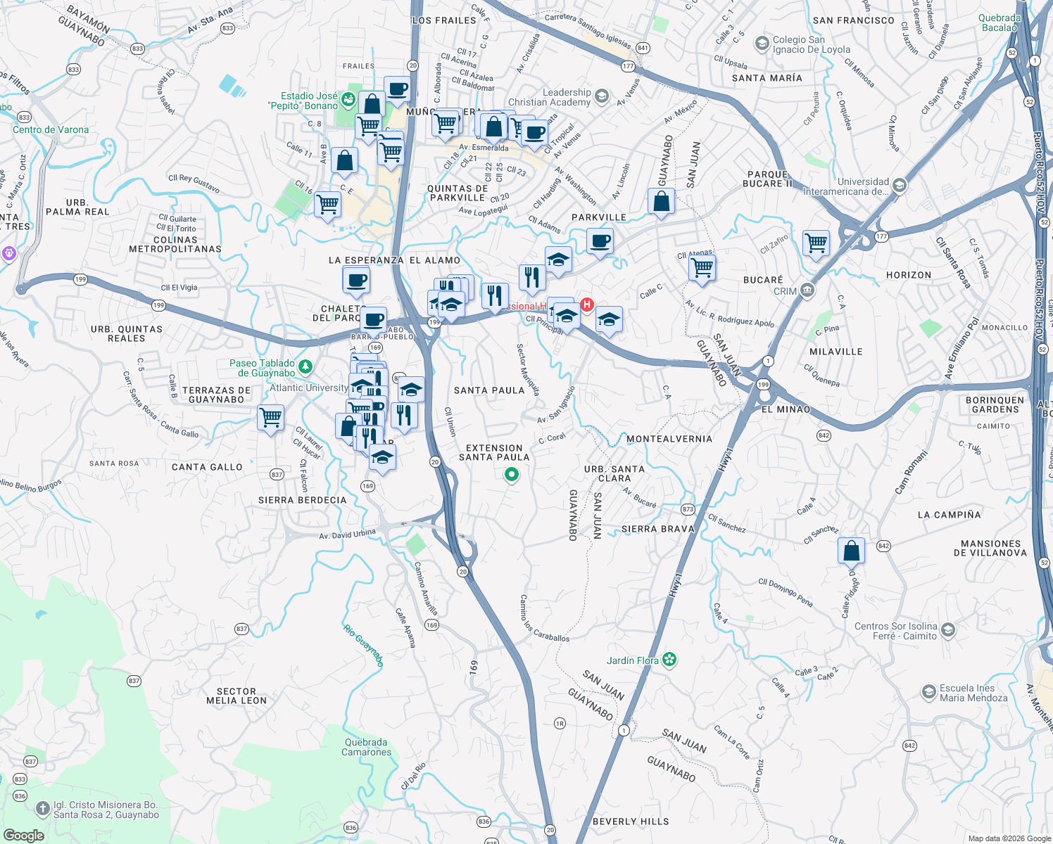 map of restaurants, bars, coffee shops, grocery stores, and more near 163-217 Calle 2 in Guaynabo