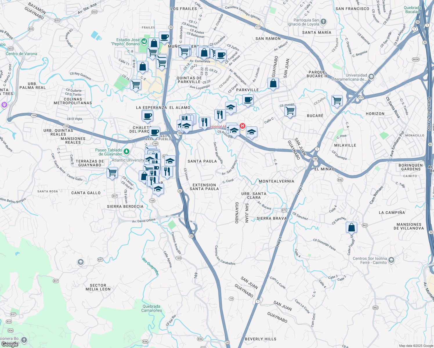map of restaurants, bars, coffee shops, grocery stores, and more near 163-217 Calle 2 in Guaynabo