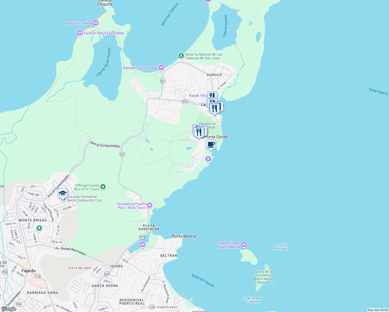 map of restaurants, bars, coffee shops, grocery stores, and more near Unnamed Road in Fajardo