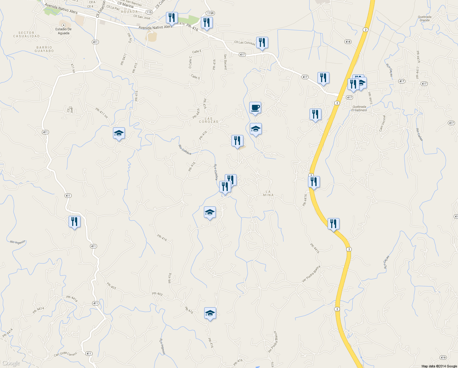 map of restaurants, bars, coffee shops, grocery stores, and more near 4416 in Aguada