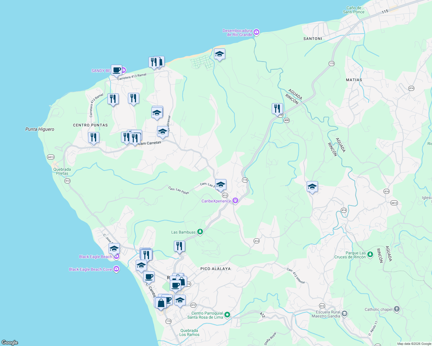 map of restaurants, bars, coffee shops, grocery stores, and more near 4789 Camino Carretas in Aguada