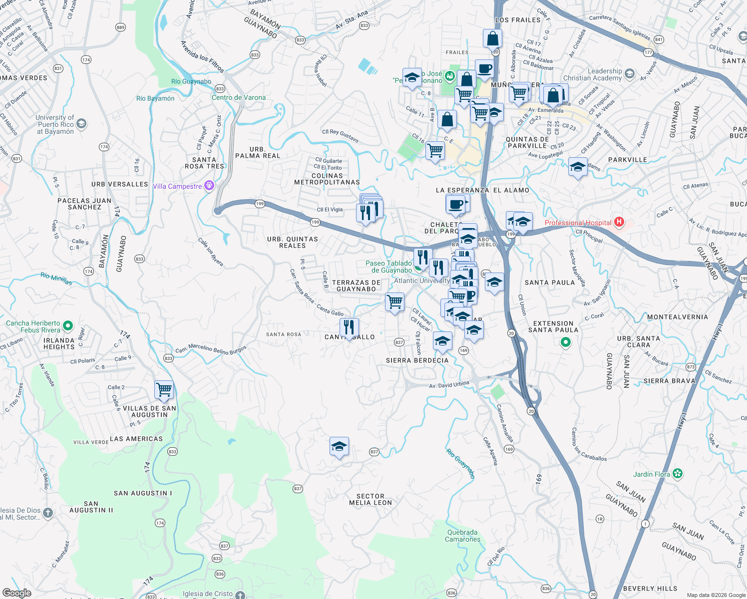 map of restaurants, bars, coffee shops, grocery stores, and more near 18 Calle Tulipan in Guaynabo
