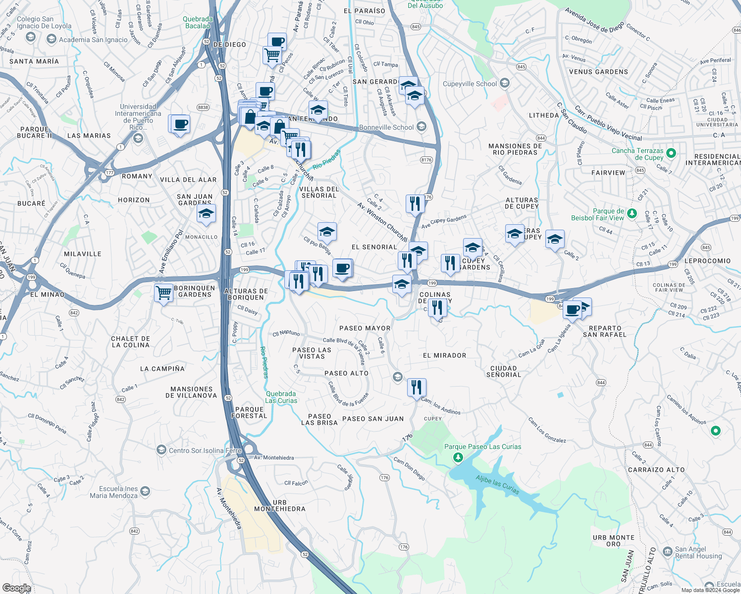 map of restaurants, bars, coffee shops, grocery stores, and more near Avenida Las Cumbres in San Juan