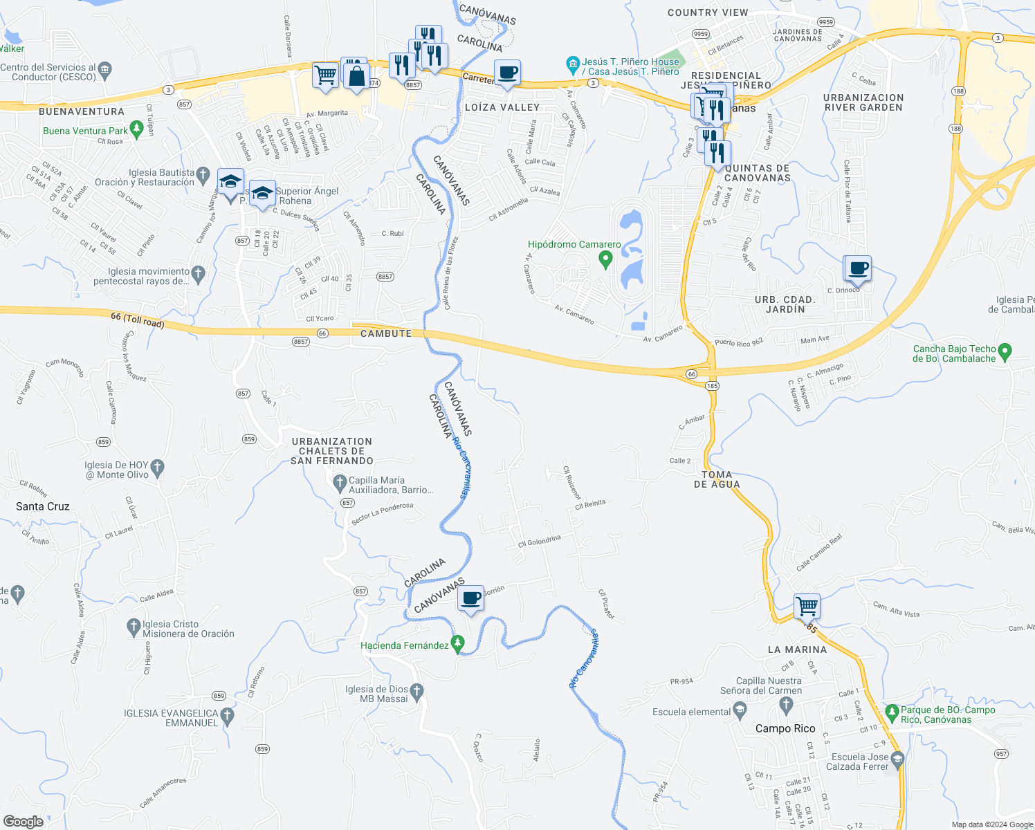 map of restaurants, bars, coffee shops, grocery stores, and more near in Canóvanas