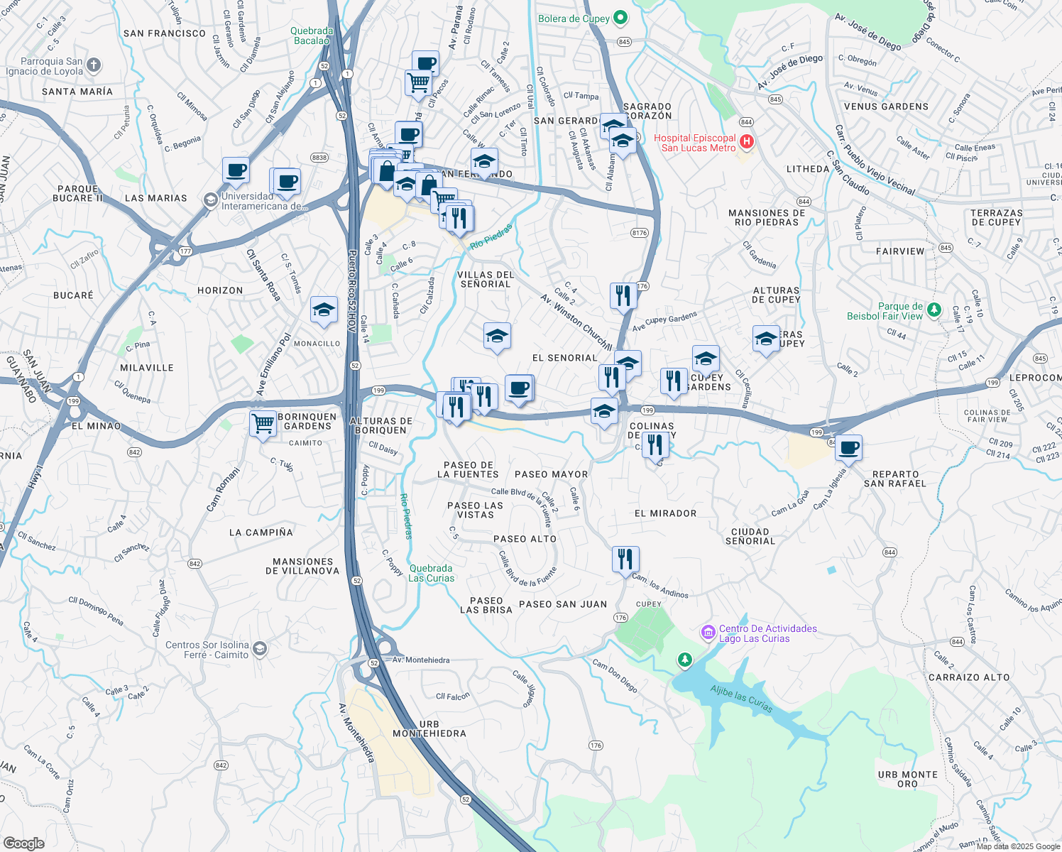 map of restaurants, bars, coffee shops, grocery stores, and more near in 349 Felisa Rincon de Gautier Street 101 Paseo Las Cumbres San Juan, PR 926