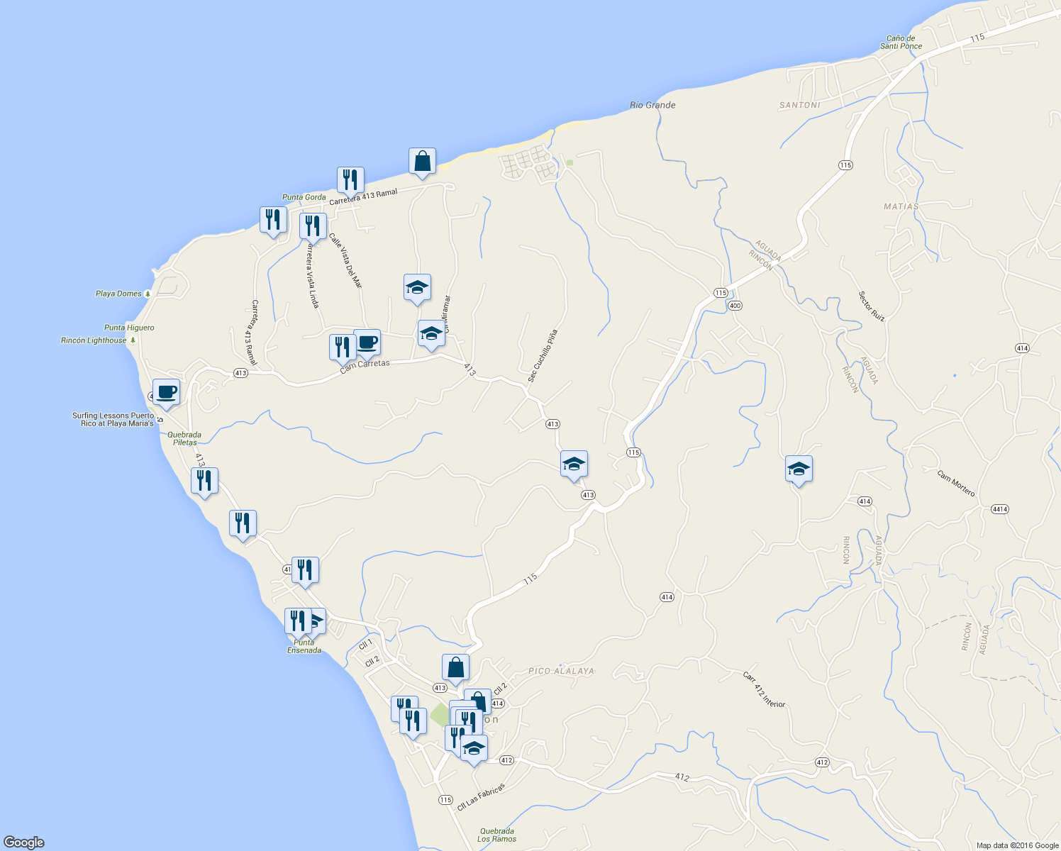 map of restaurants, bars, coffee shops, grocery stores, and more near Calle Flamboyan in Aguada