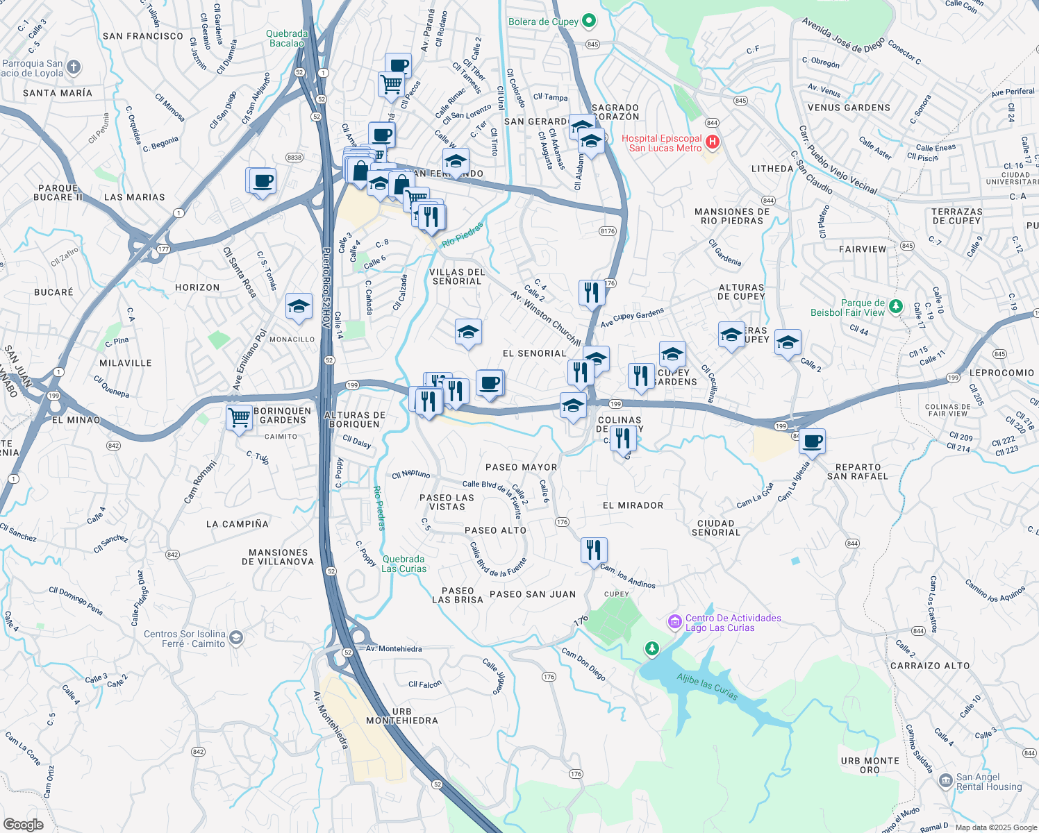 map of restaurants, bars, coffee shops, grocery stores, and more near Avenida Doña Felisa Rincón De Gautier in San Juan