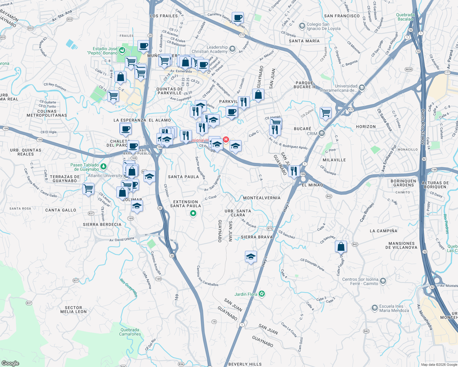 map of restaurants, bars, coffee shops, grocery stores, and more near in Guaynabo