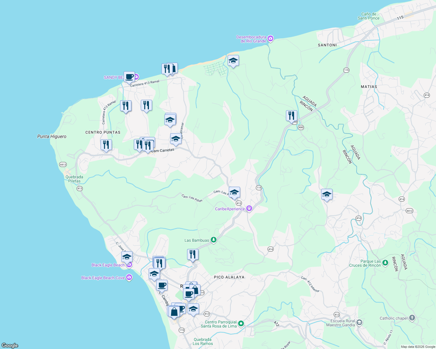 map of restaurants, bars, coffee shops, grocery stores, and more near Calle Flamboyan in Aguada